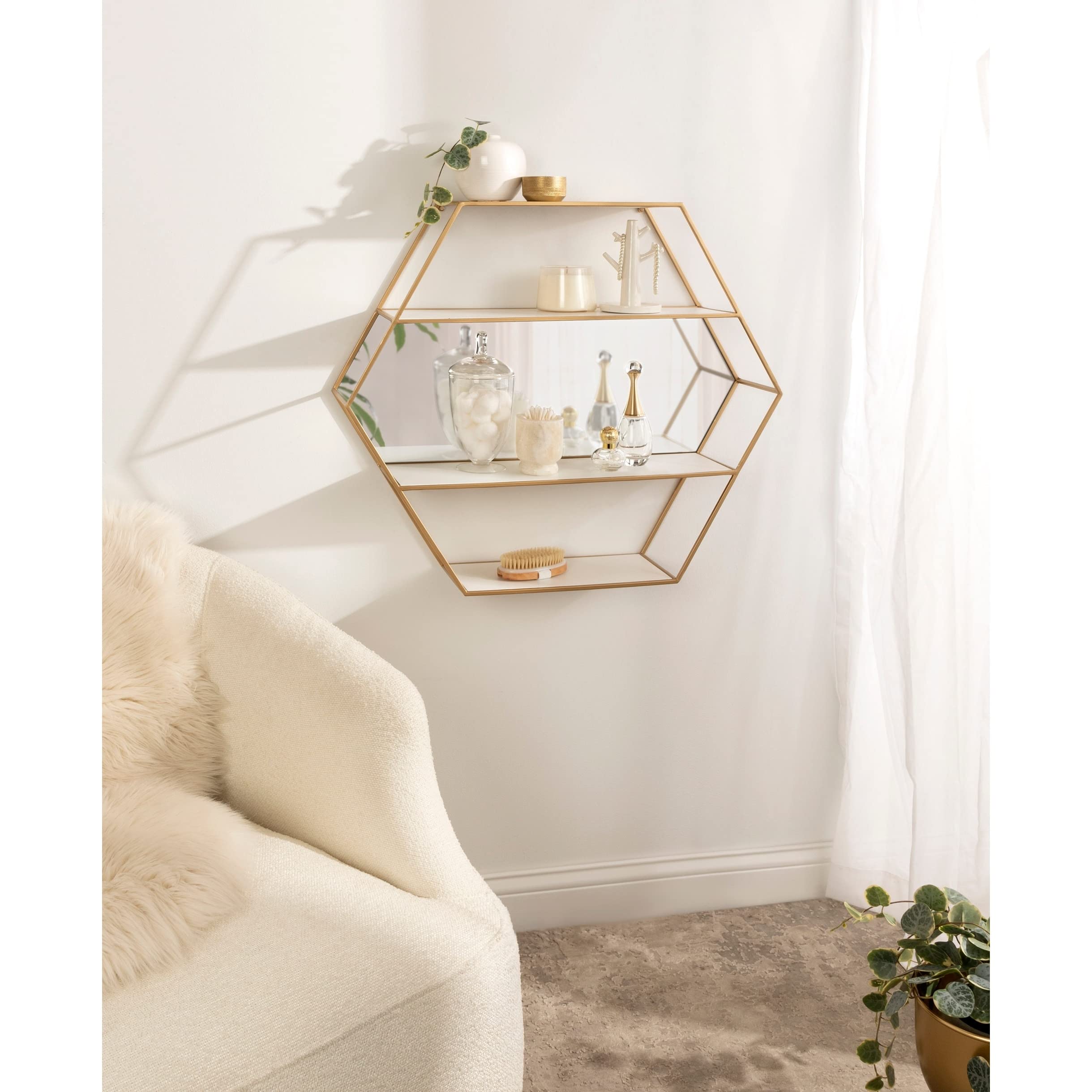 Kate and Laurel Lintz Hexagon Wall Mirror Shelves, 24x28, White