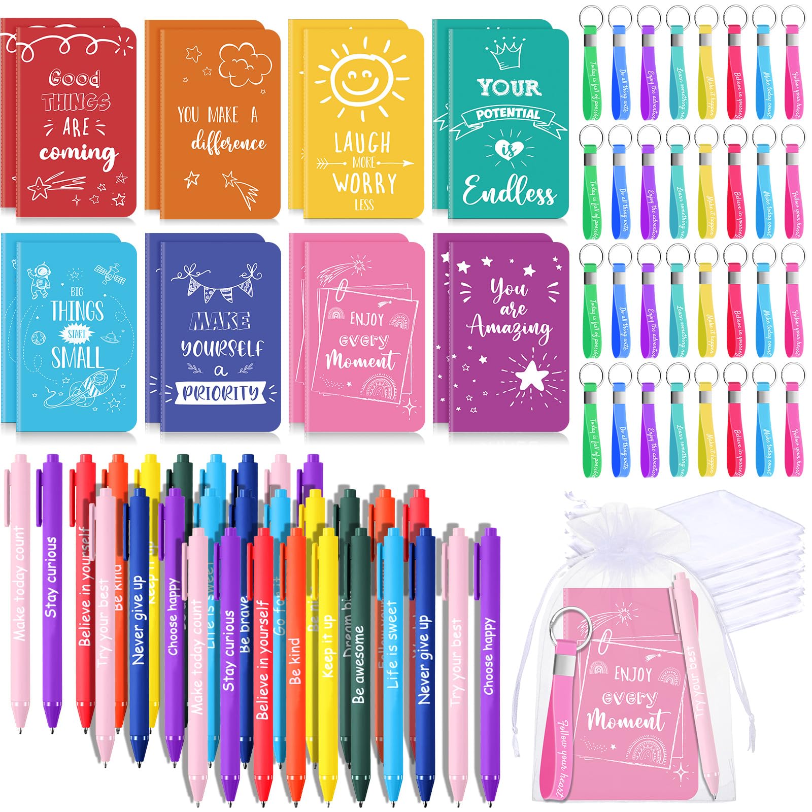 Pajean 128 Pcs Inspirational Gifts Bulk Motivational Notebooks Journal Ballpoint Pens Positive Keychains Organza Bags for Students Teachers Employee School Office Prizes Favors Supplies(Fresh)