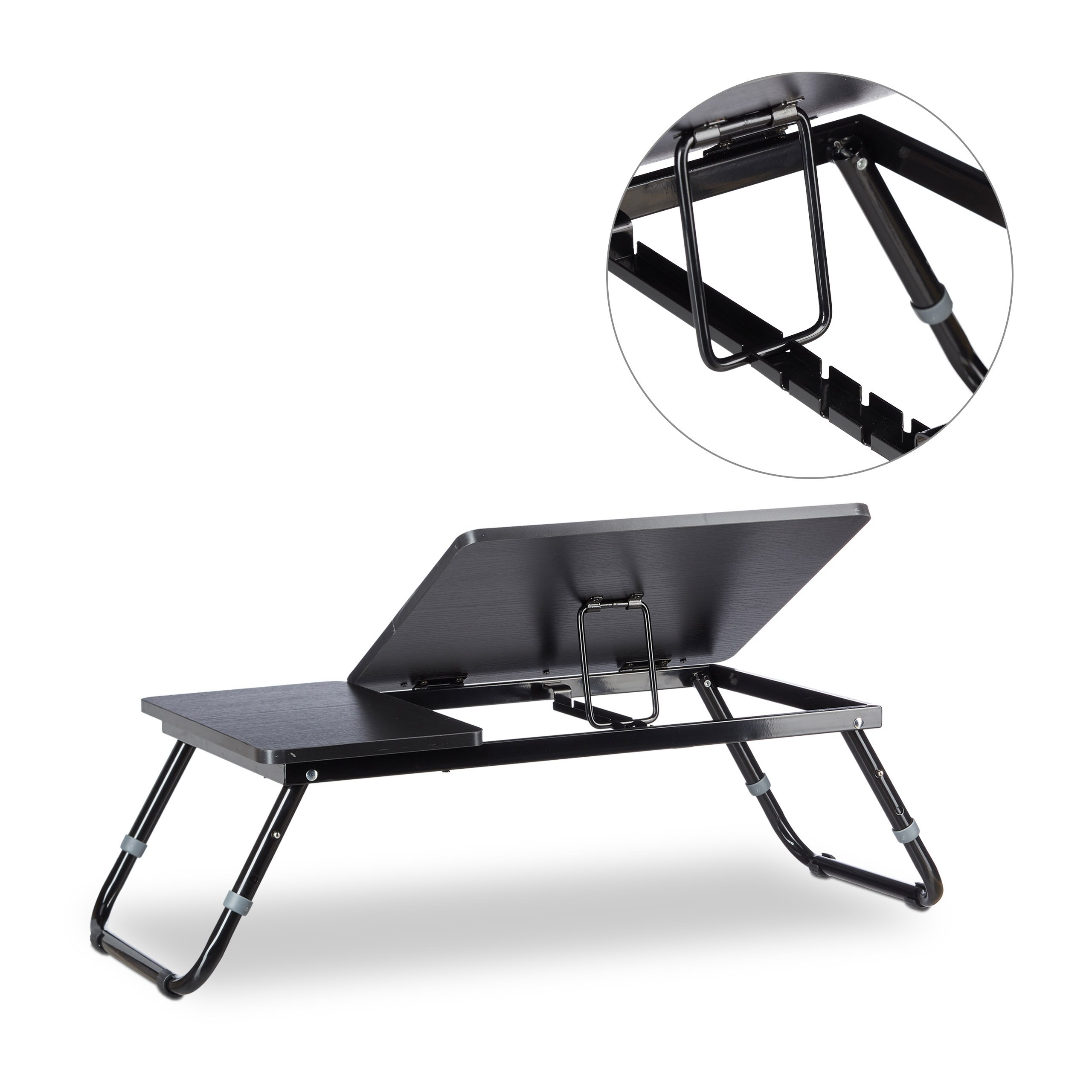 Relaxdays tavolo per laptop, scrivania, tavolino da letto, vassoio da letto, tavolino per notebook, tavolino laterale, laptop WTH 75 cm x 35 cm x 40 cm, legno, nero, con ribalta per lettura, regolabile in altezza, pieghevole