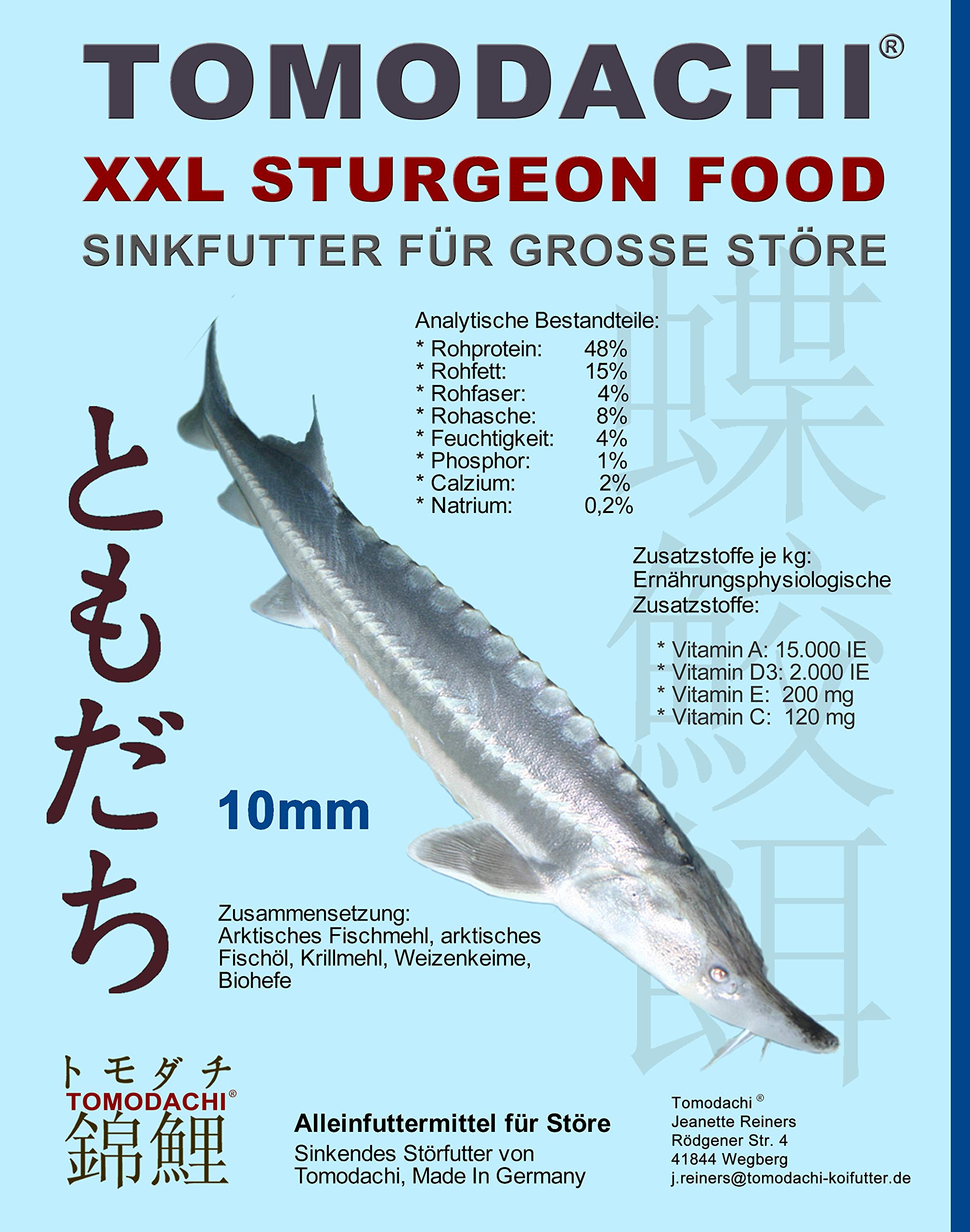 Störfutter extragroß 10mm Energiefutter für Störe, Tomodachi Premium Störsinkfutter deutsche Top Qualität, Störfutter ideal für das ganze Jahr, energiereich, hochverdaulich, arktische Rohstoffe 10kg