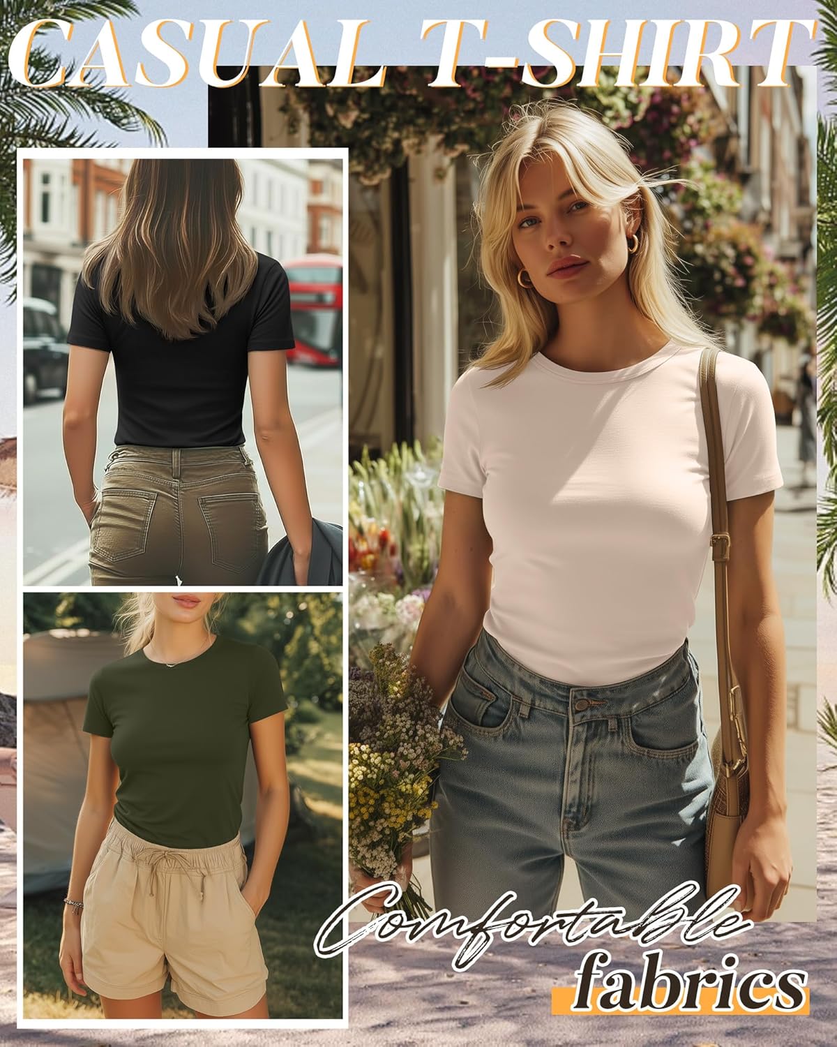 Ficerd 4 Pack Women's Basic Short Sleeve Shirts Slim Fitted Crew Neck Tees Casual Cotton Blend Summer Tops