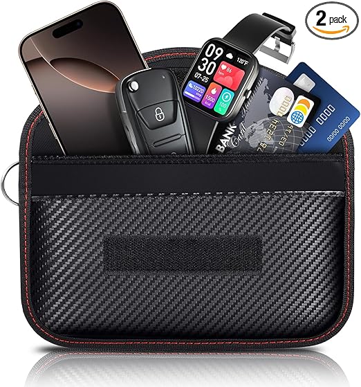 Faraday Bags for Phones & Car Keys, 2 Pack Signal Blocking Pouch – Anti-Theft RFID/GPS/Bluetooth/WiFi/5G Shielding Case, Waterproof Carbon Fiber Privacy Protection for Key Fob