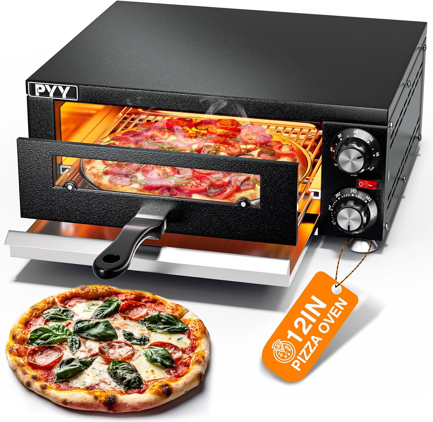 PYY Stainless Steel Electric Pizza Oven, Indoor Commercial Pizza Maker Machine with Timer, Countertop Pizza Oven for Restaurant and Home Use