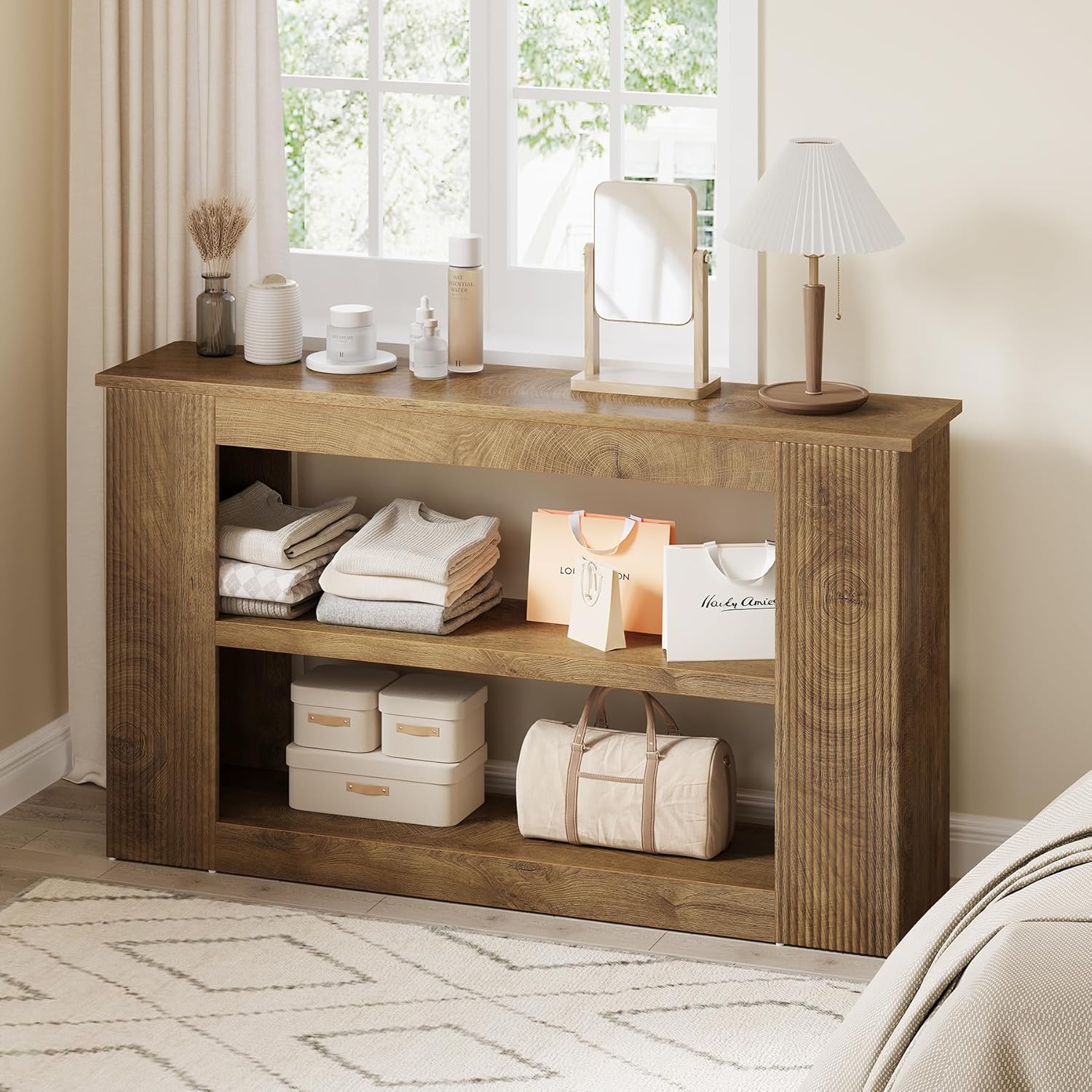 LITTLE TREE 55-Inch Long TV Stand for TVs up to 60 Inch, Wooden Console Table with Grooved Side Panels, Modern Entertainment Center with 2 Open Shelves, Open Cabinet for Living Room, Rustic Brown