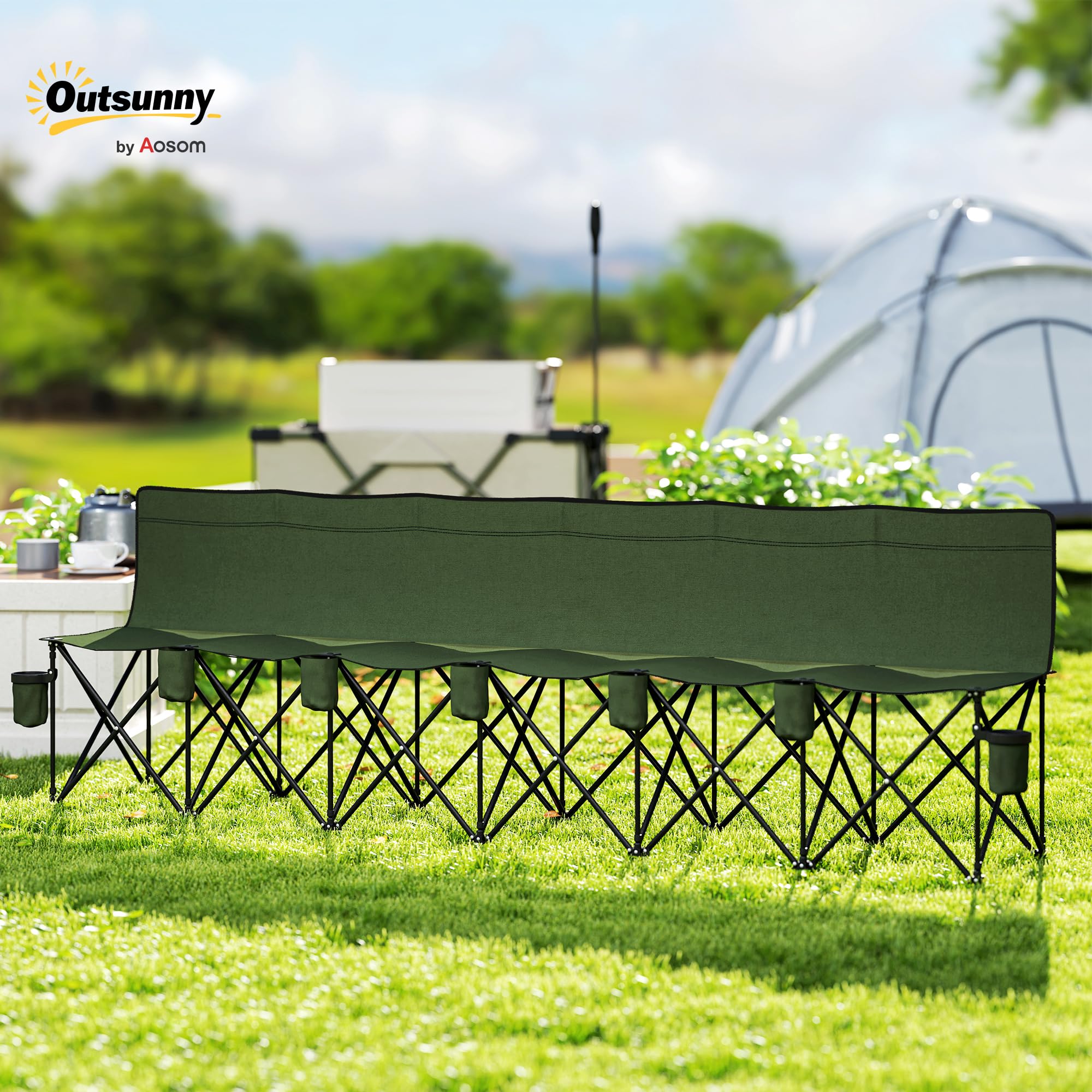 Outsunny Banc Pliant 6 Places, Porte-gobelet, Cadre métallique, Vert | Chaise de camping extérieur, chaise de spectateur de football, sac de transport