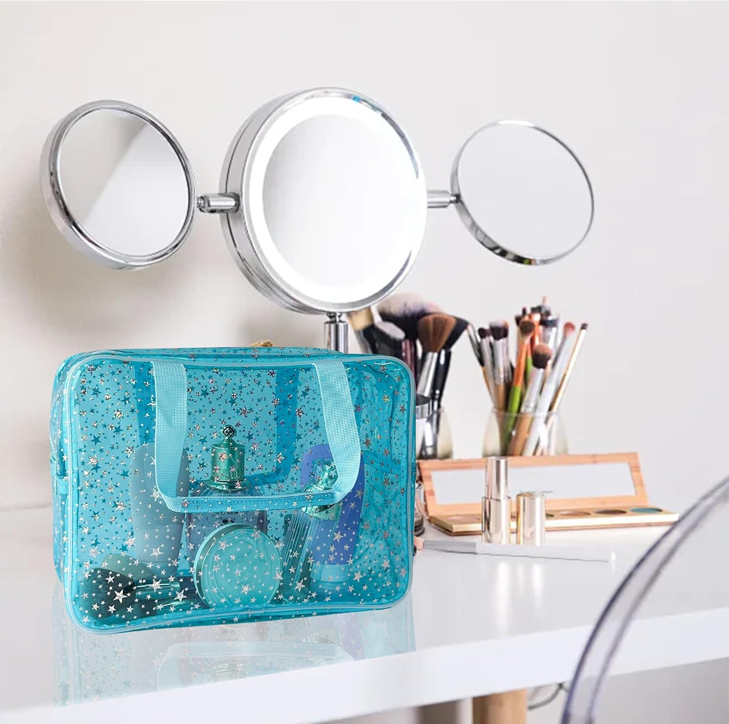 Holographic Star Large Light Blue Makeup Cosmetic Organizer Bag and Travel Pouch with Handle,Durable Material,Zipper Design-Ideal for Makeup,Travel Essentials (Blue) - Image 3