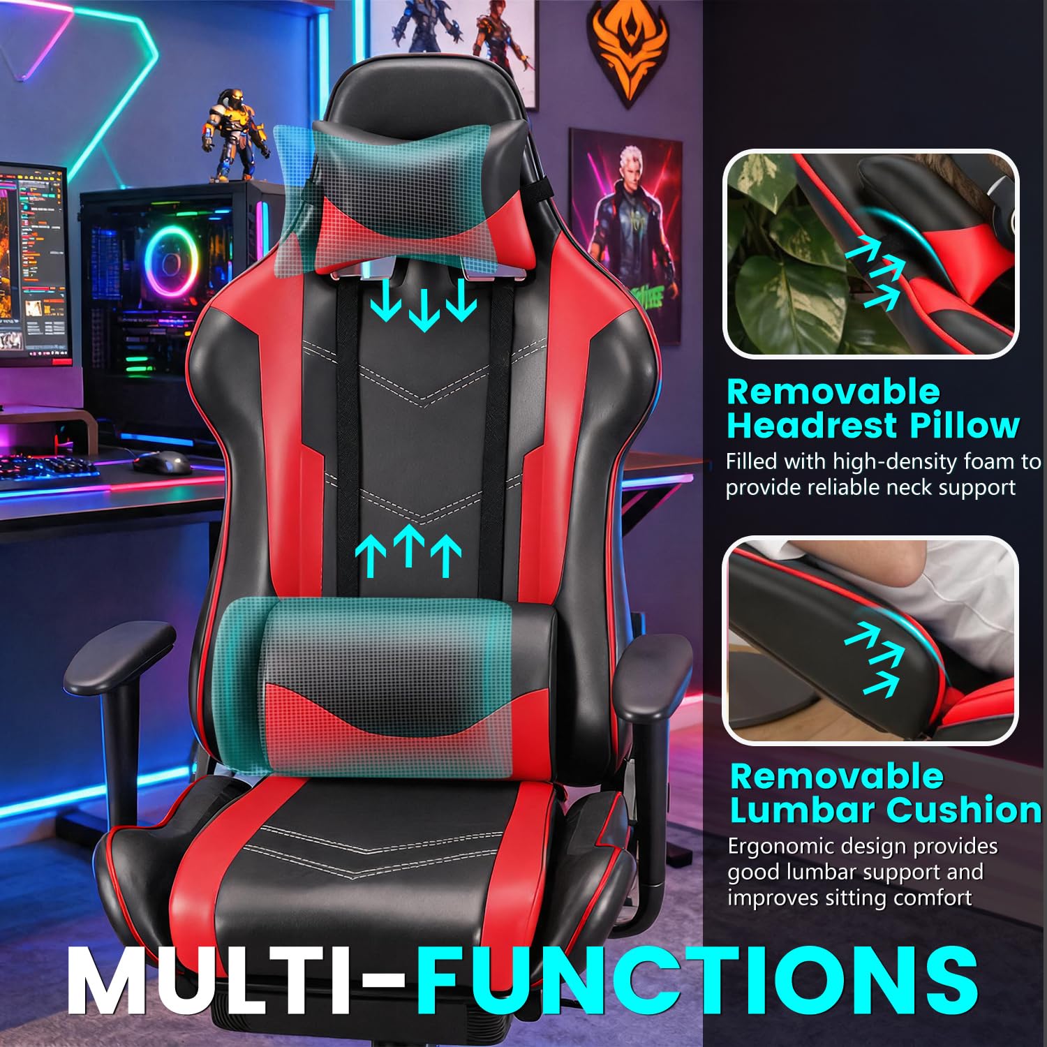 Sedia da gioco da ufficio, ergonomica, con poggiapiedi, braccioli, supporto lombare, poggiatesta, girevole, schienale alto, sedia da computer da corsa, per donne, uomini, adulti, ragazze, rosso