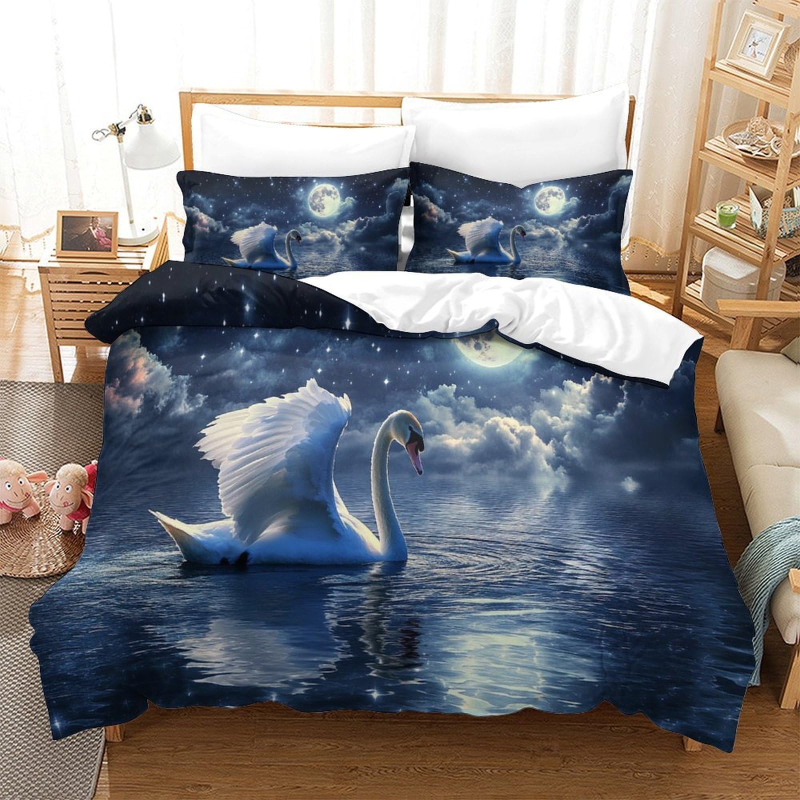 Chiaro di luna del cigno Impressione 3D 3 pz fodera per edredone Scena di fantasia notturna coperteletto microfibra morbida traspirante per ragazzi bambini adulti Super king（260x220cm）