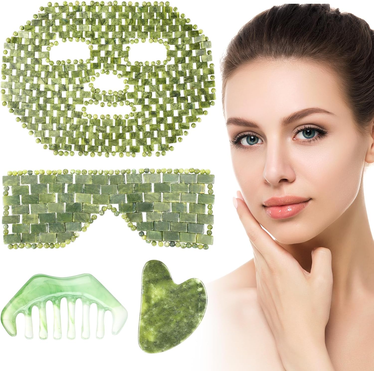 Demissle 4 Pcs Jade Eye Mask Jade Stone Facial Mask Scrap Massage Tool Hair Comb Facial Eye Cooling Stone Massage Tools for Puffy Eyes Dark Circles Gift