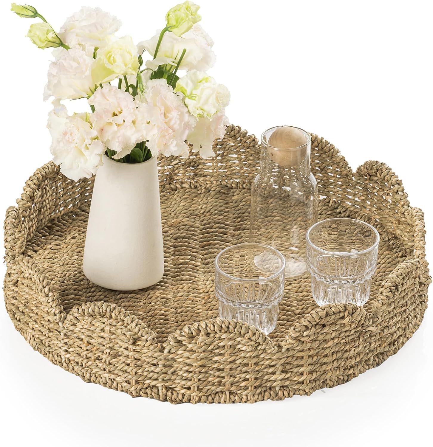 Wicker Tray, Handwoven Woven Tray with Handles and Scalloped Edge, Round Wicker Basket for Home Decor and Organizing, 17" L x 17" W x 3.6" H