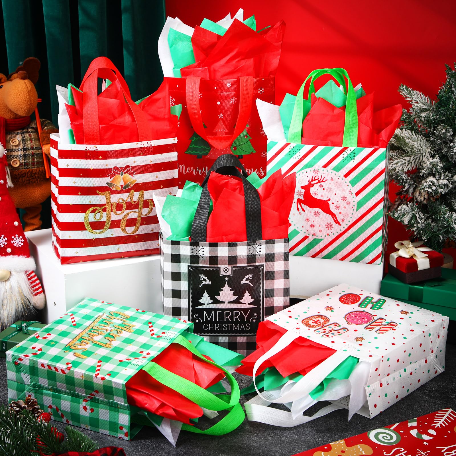 Wesnoy 24 Pcs Christmas Gift Bags Bulk Reusable Non Woven Christmas