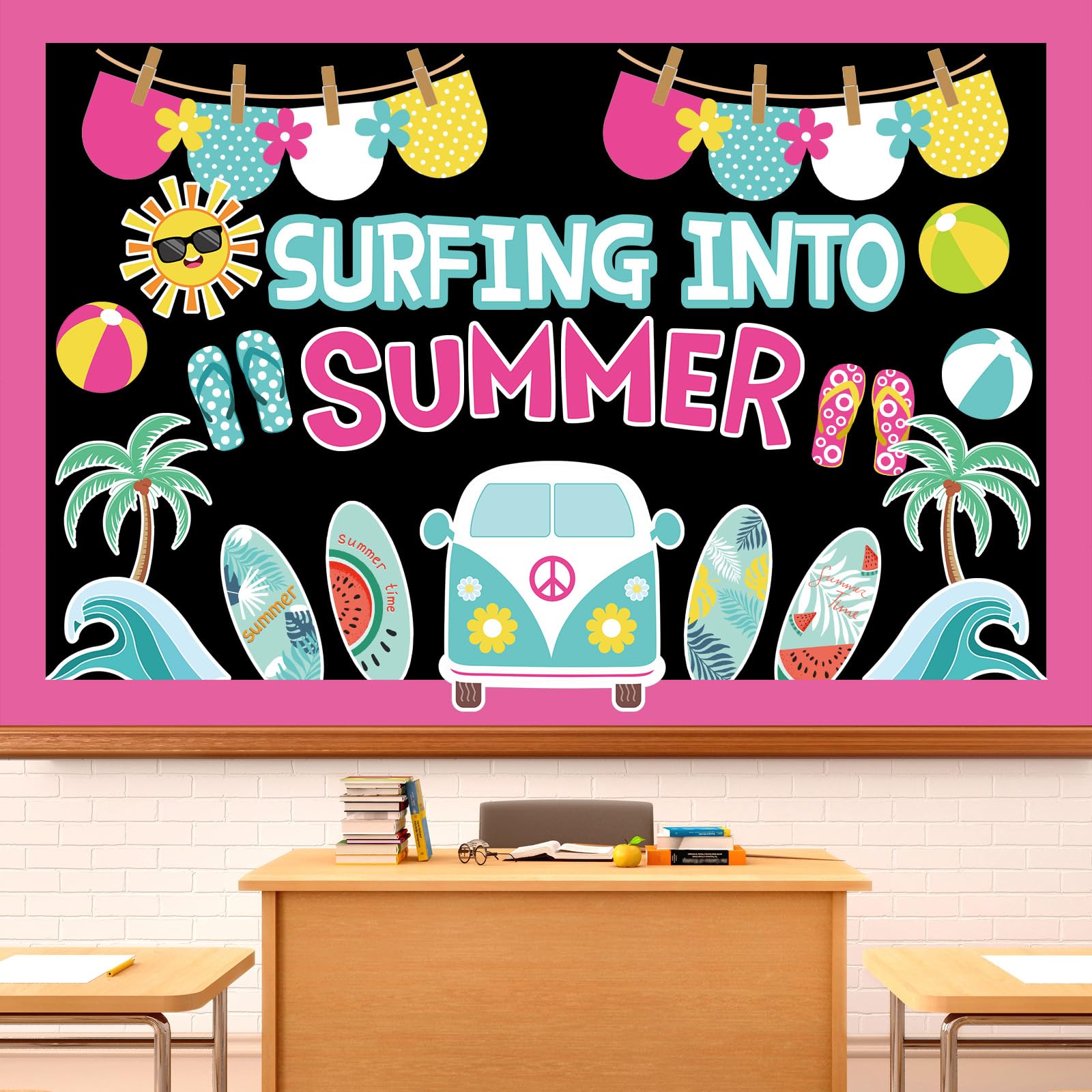 FYSUIMU 77 Pcs Summer Beach Bulletin Board Decoration Set Hawaiian Surfing Into Summer Paper Cutouts with 150 Pcs Glue Points for Back to School