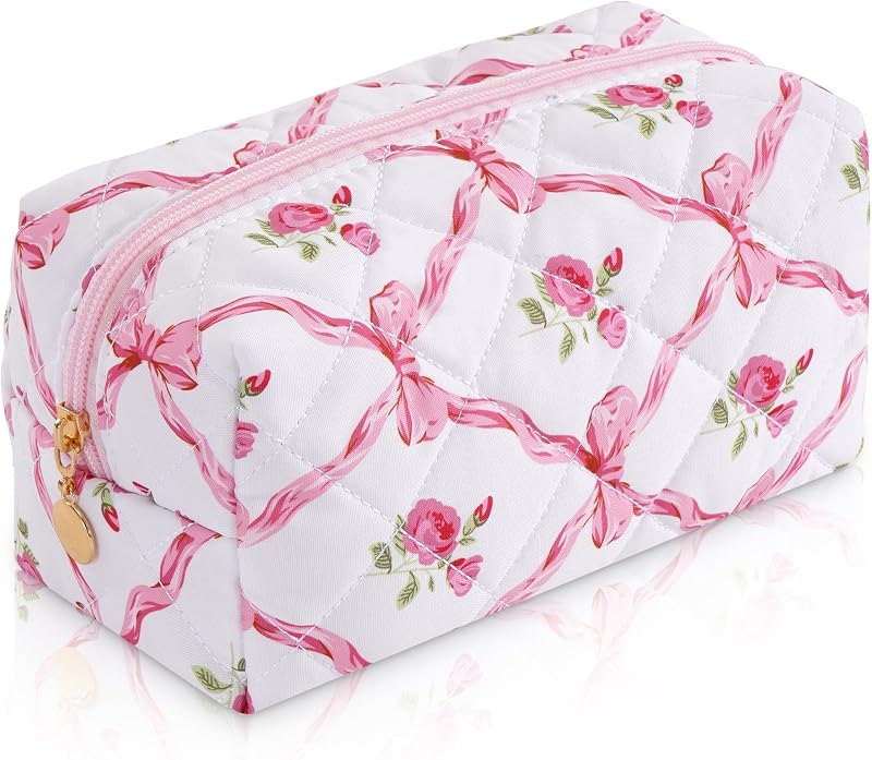 Necessaire de maquiagem UUYUUY em algodão matelassê com zíper, laço e estampa floral, 20,32 cm x 10,16 cm x 10,16 cm