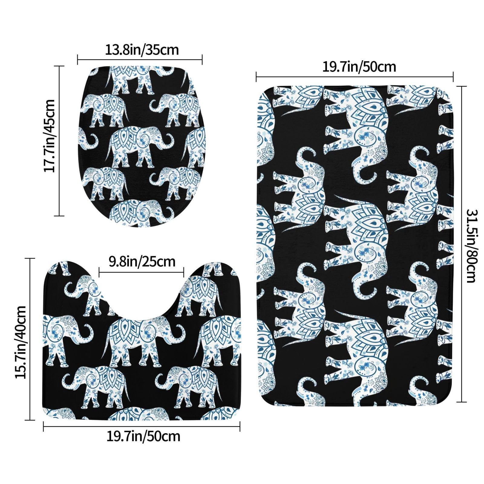 BREAUX Tapis de sol antidérapant imprimé éléphant bleu noir tapis de sol salle de bain tapis de douche antidérapant 3 pièces