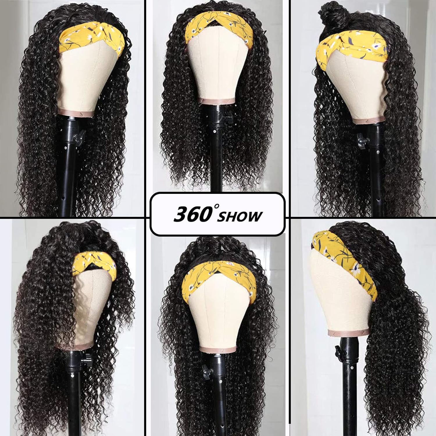 G&T Headband Wig Human Hair 20 inch Curly Headband Wigs for Black Women 180% Density Glueless Wear and Go Wig 100% Brazilian Human Hair Curly Wave Headband Wigs Natural Color