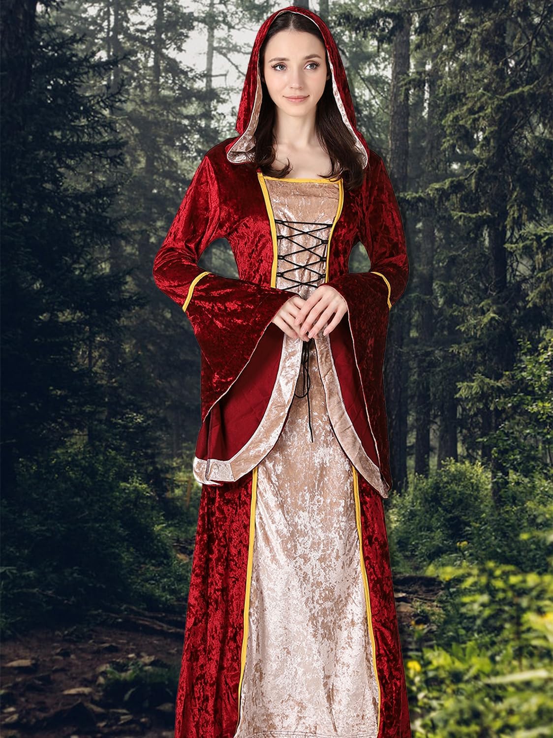 PYAEAS Womens Renaissance Velvet Dress Halloween Victorian Hooded Gown Dresses Medieval Gothic Vampire Costumes Cosplay - Image 2