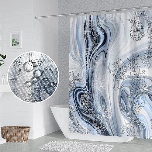 Miniatura 3 de Cortina de ducha de mármol azul claro para baño, diseño abstracto, degradado, impermeable, de poliéster, moderna, de lujo, artística y estética, con