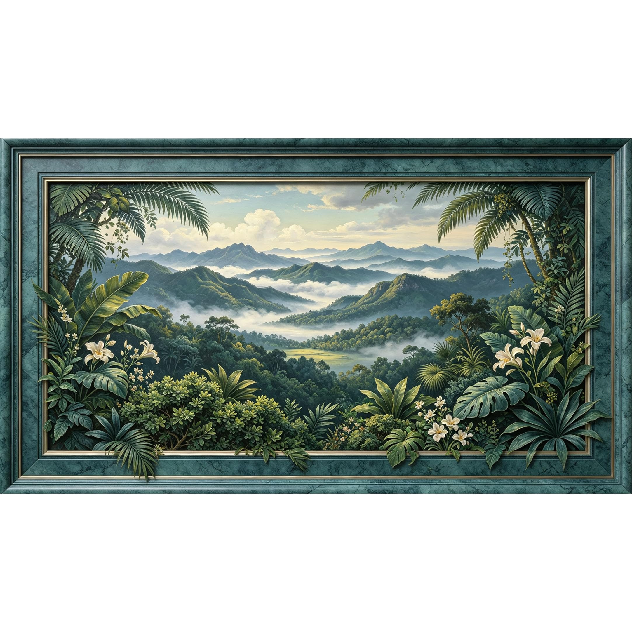 QZLITHOTIC 50×100cm 3D Framed Wall Art， Tropical Mountain Landscape Jungle Greenery Self?Adhesive Mural， Water?Activated Peel & Stick Fabric Decor Wall Decal for Bedroom Living Room
