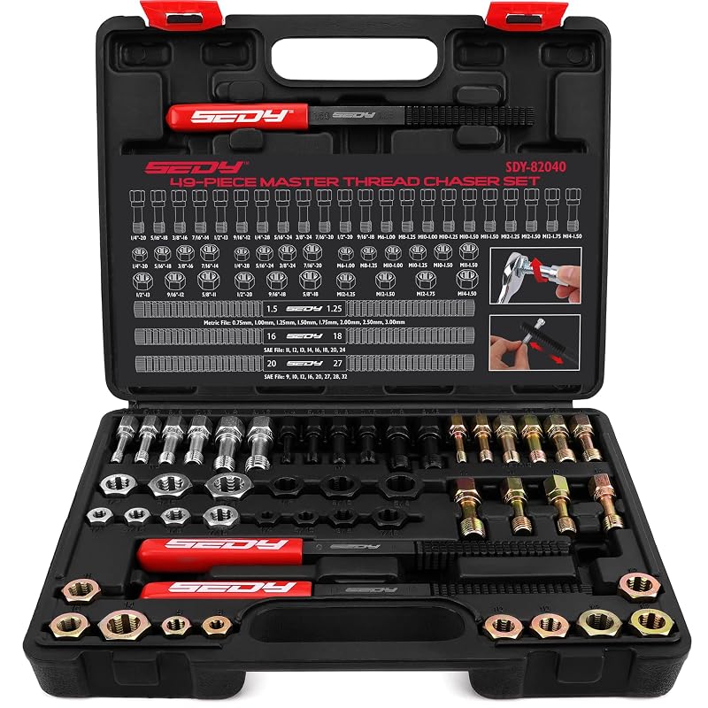 Kit de Ferramentas para Recuperação e Limpeza de Roscas SEDY 49 Peças Métrico e SAE, UNC e UNF, Modelo 82040