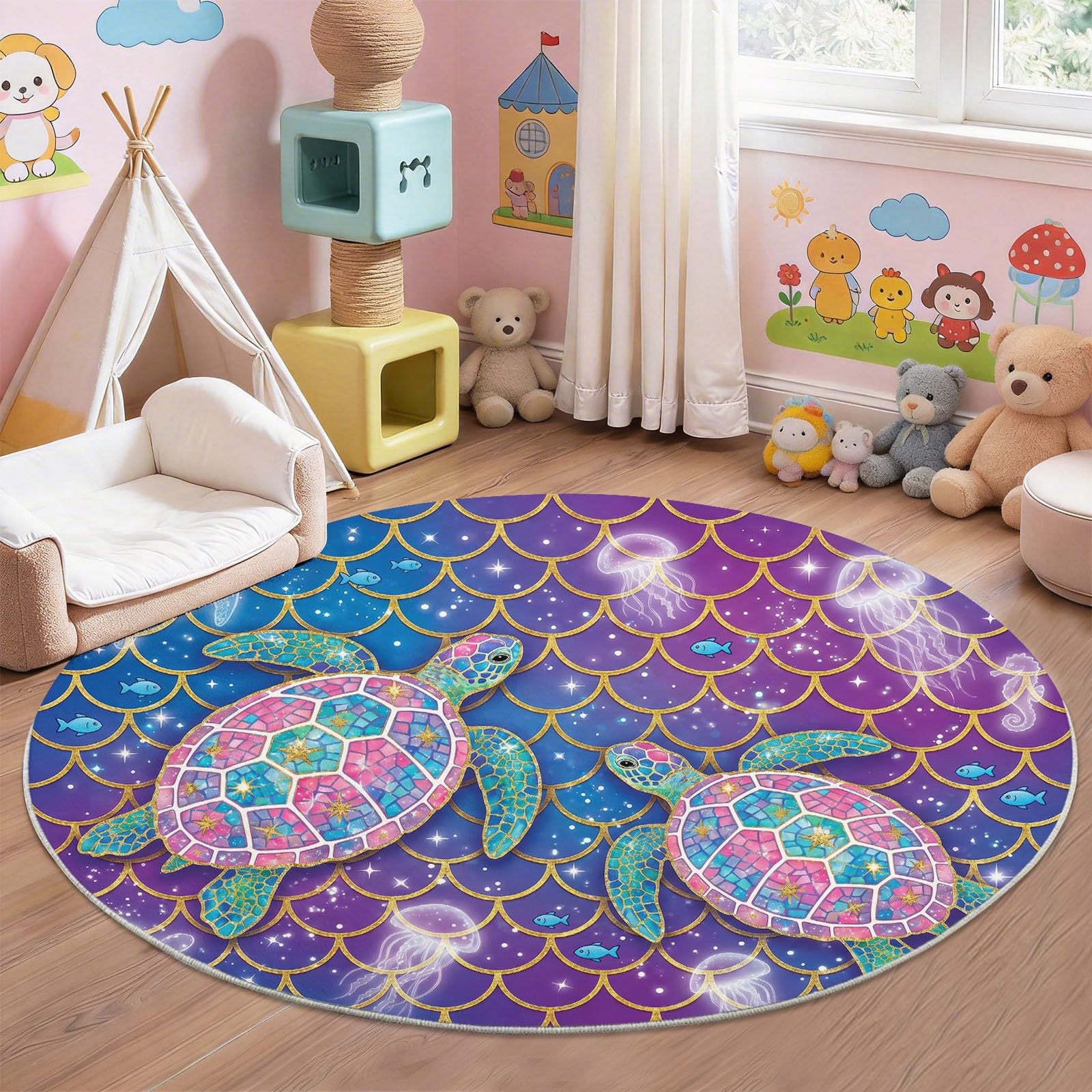 Generisch Alfombra de juegos para niños, ultrasuave, antideslizante, lavable, animales marinos, espacio exterior, alfombra infantil para niñas y niños, tortuga marina gigante bohemia y estrellas, 120