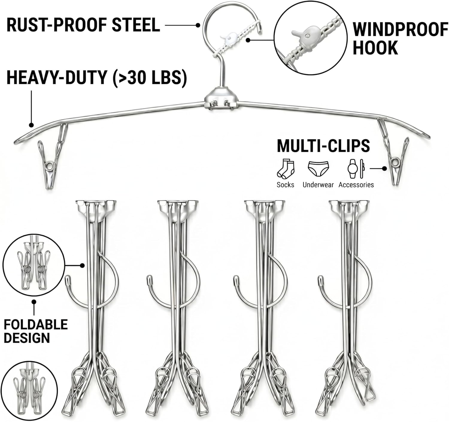 ROOM127 Travel Hangers with Clips, 5 Pack Foldable Stainless Steel Hangers