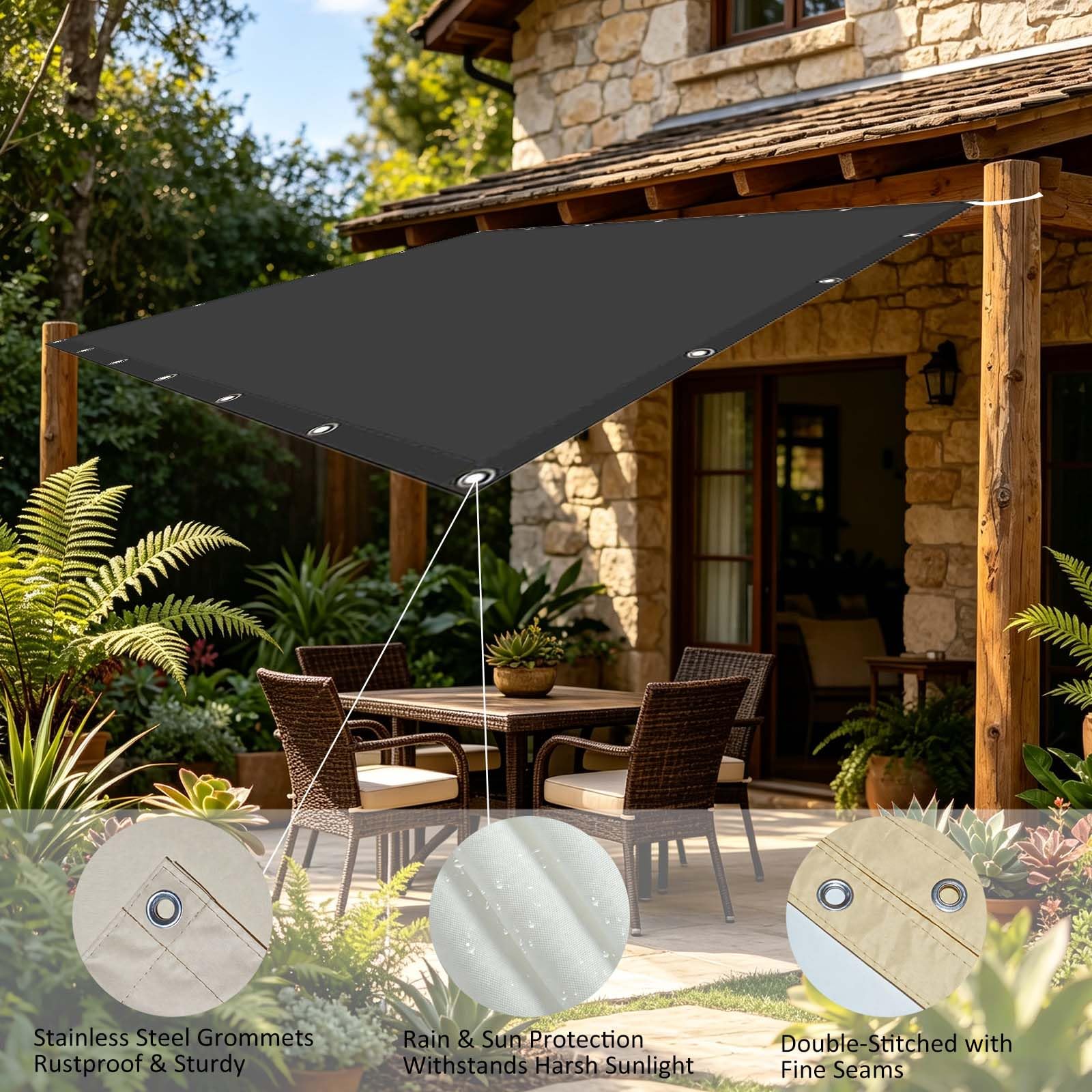 Vela Ombreggiante Impermeabile 120 x 150 cm Protezione UV con Fune e Occhiellato Vele Ombreggianti Rettangolari Grandi Tenda Parasole Esterno a Vela per Balcone, Pergolato, Grigio Scuro
