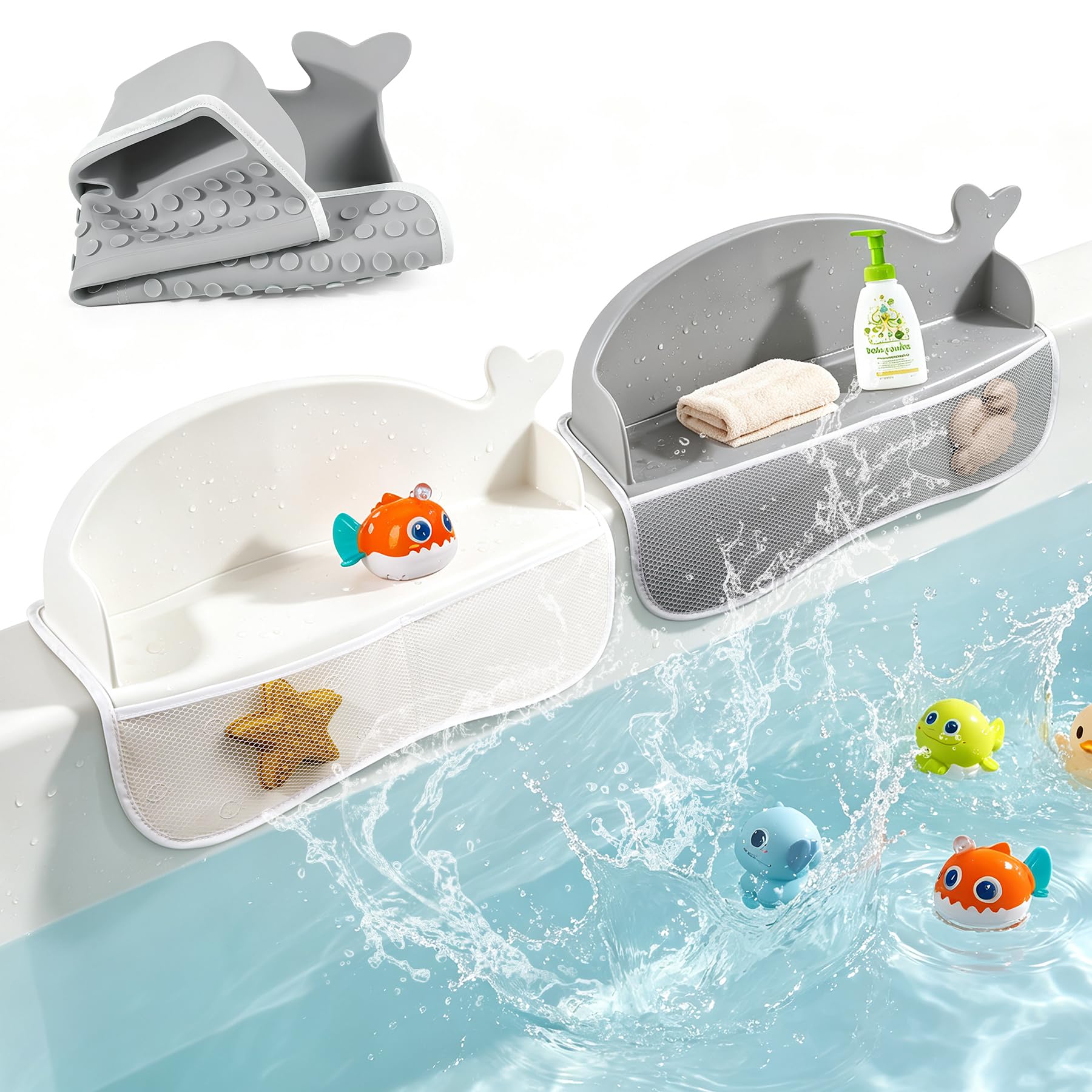 MCGMITT Badewannenspritzschutz 2er Set, Silikon Wasserbarriere für Kinder Badewanne, Badewannen Organizer mit 130 starken Saugnäpfen und Aufbewahrungsnetzen für Badespielzeug (Weiß + Grau)