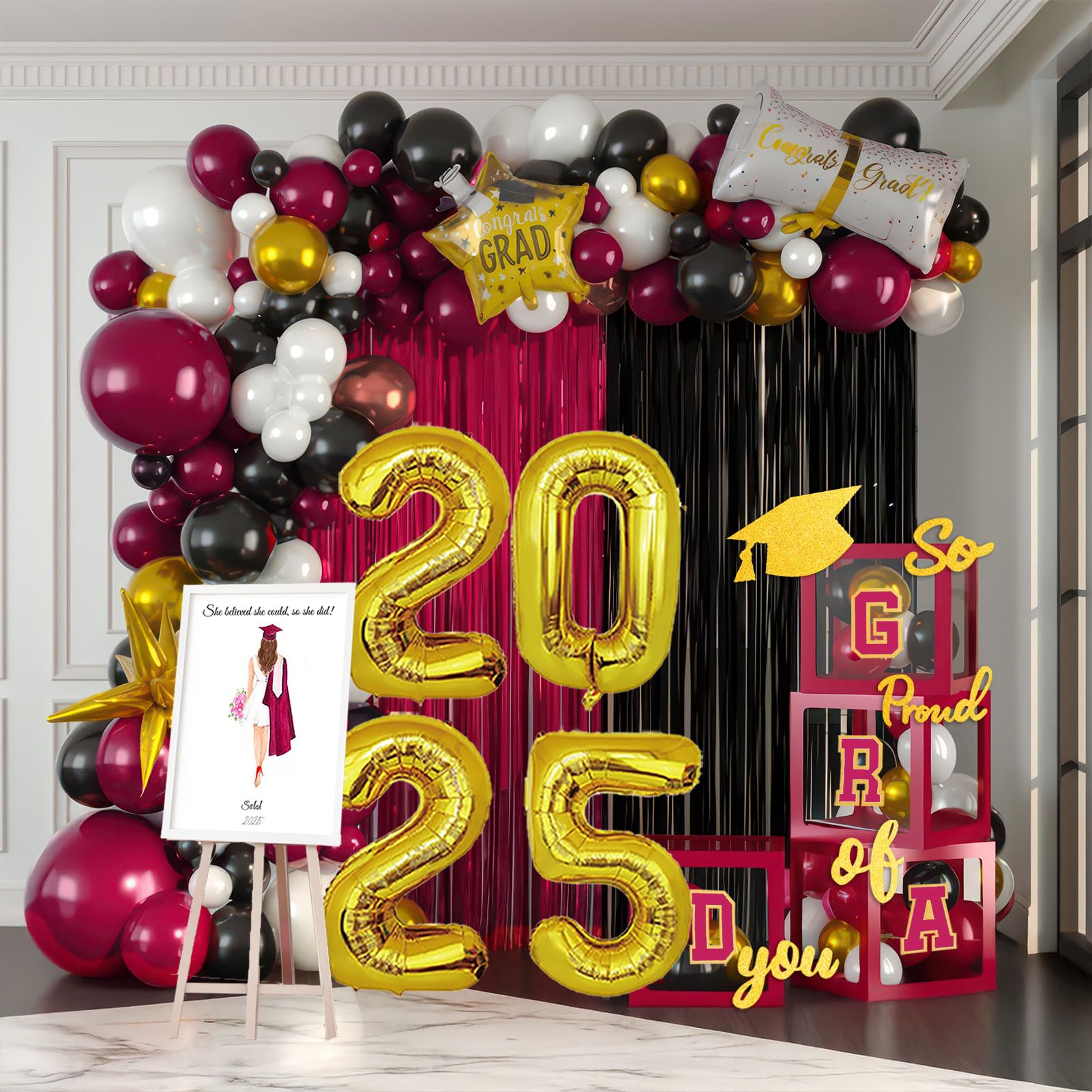 Graduation Decorations Class of 2025 - Maroon and Gold Graduation Decorations Set of 4 GRAD Balloon Boxes with Fringe Curtains So Proud of You Congrats Grad Party for Any Grades