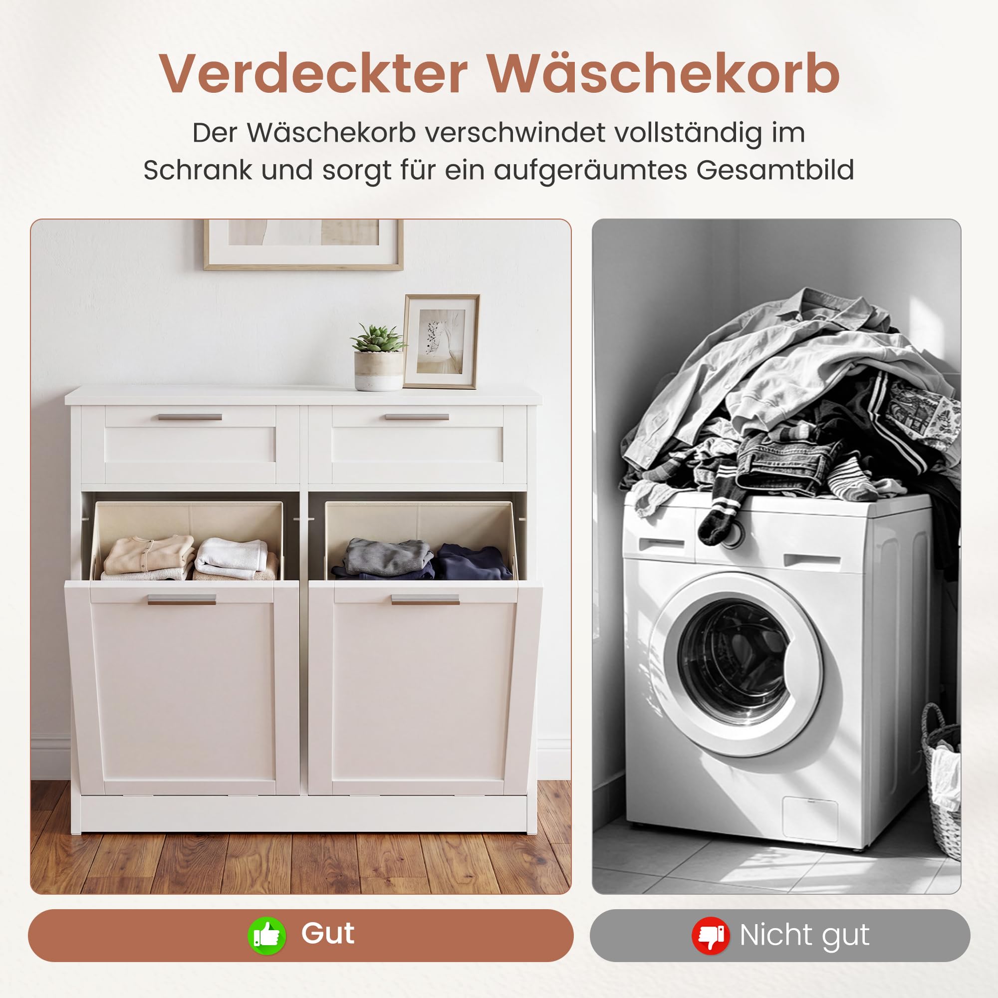 APICIZON Badezimmerschrank mit Wäschekorb, Wäscheschrank mit 2 Schubladen | 2 seitlich ausziehbaren Wäscheboxen, 2 faltbaren Wäschesäcken, Badezimmermöbel für Bad und Waschküche, 80×40×80cm, Weiß