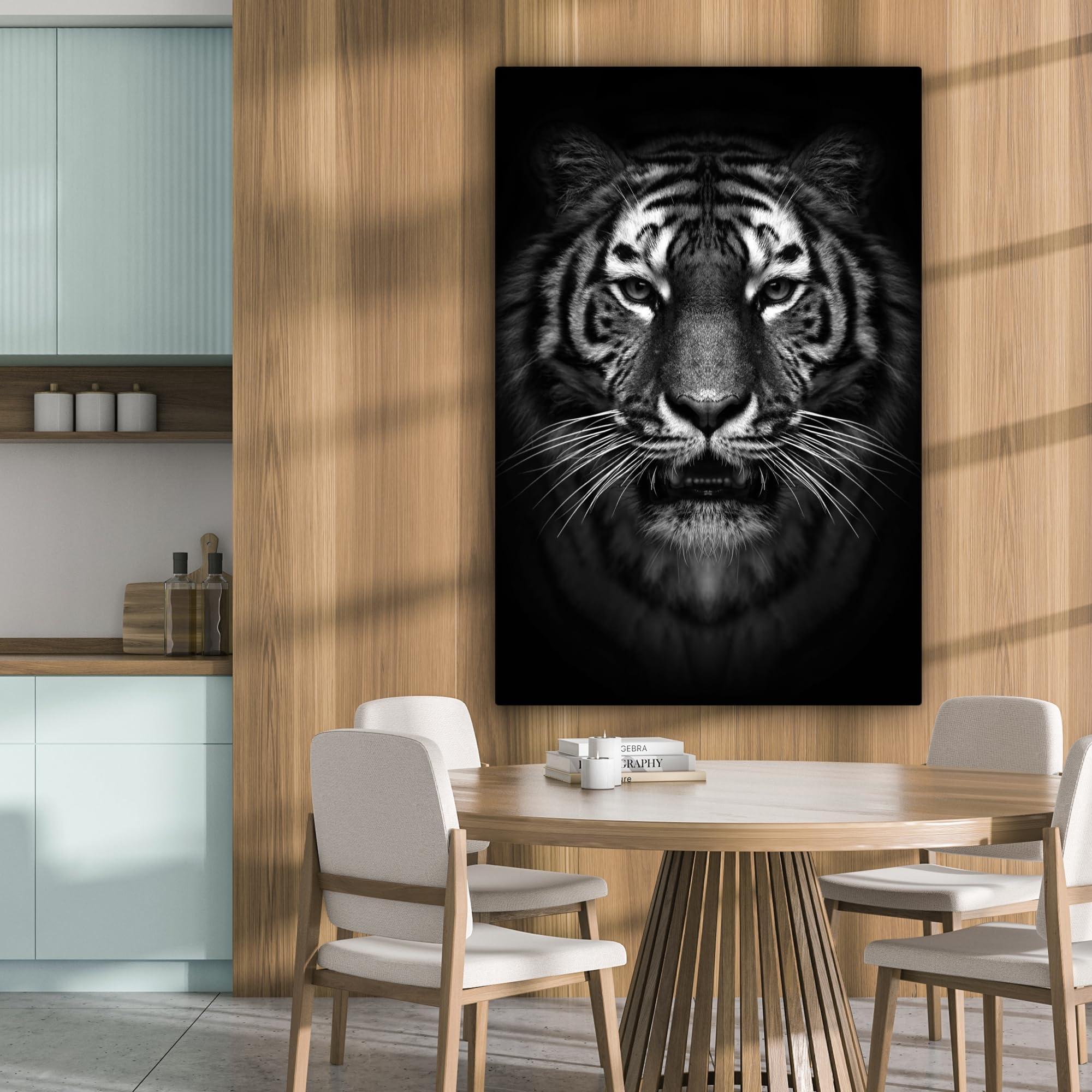 MuchoWow© Quadro su Tela Stampe da Parete Quadri Cucina Camera da Letto | 80x120 cm - Dipinto Arredamento Casa Tigre - Animali - Nero - Bianco - Ritratto - Animali selvatici
