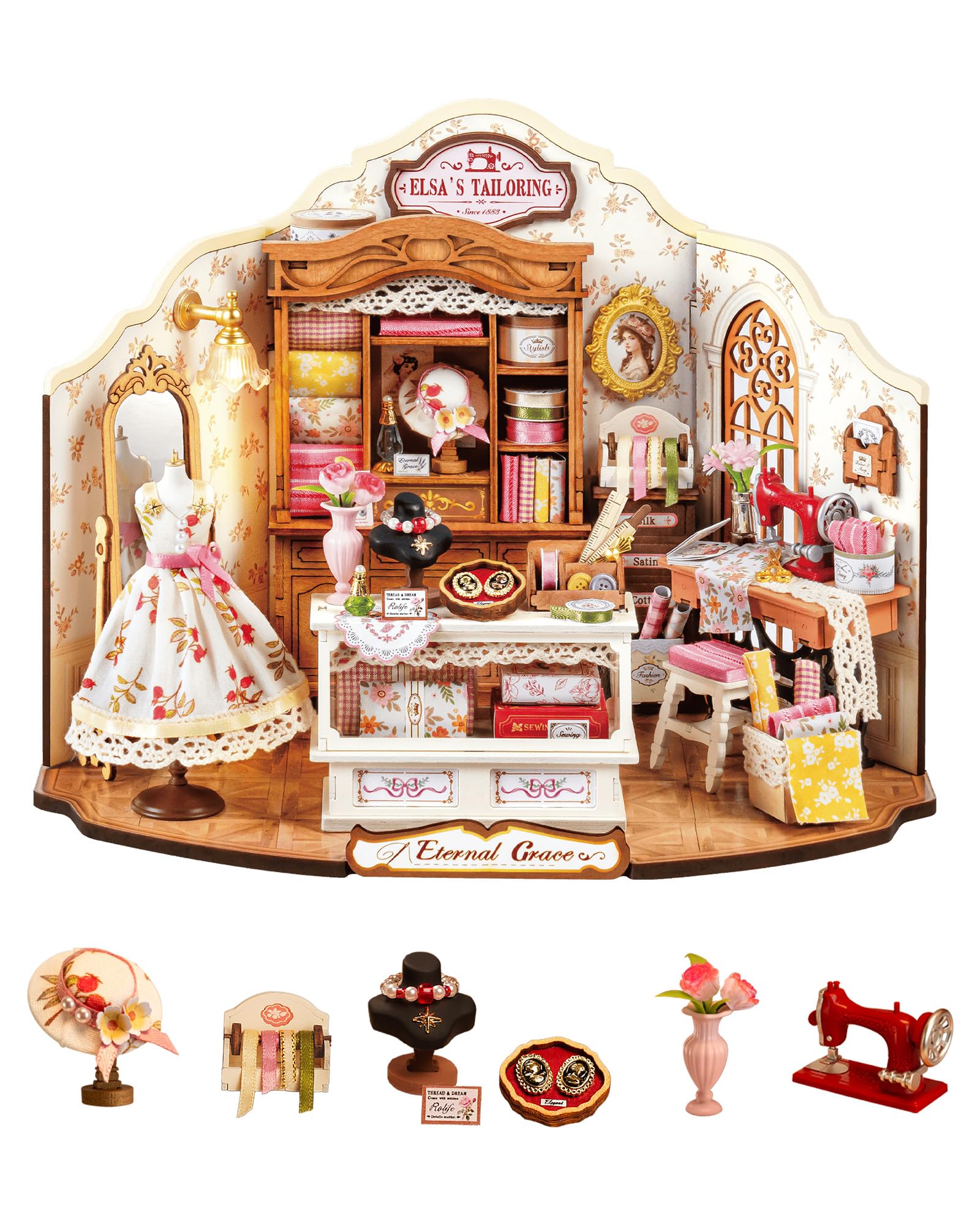 Rolife Casa delle Bambole Sartoria di Elsa Casa Miniatura Kit Modello in Legno Stile Vintage Rustico Decorazione Regalo di Compleanno per Lei