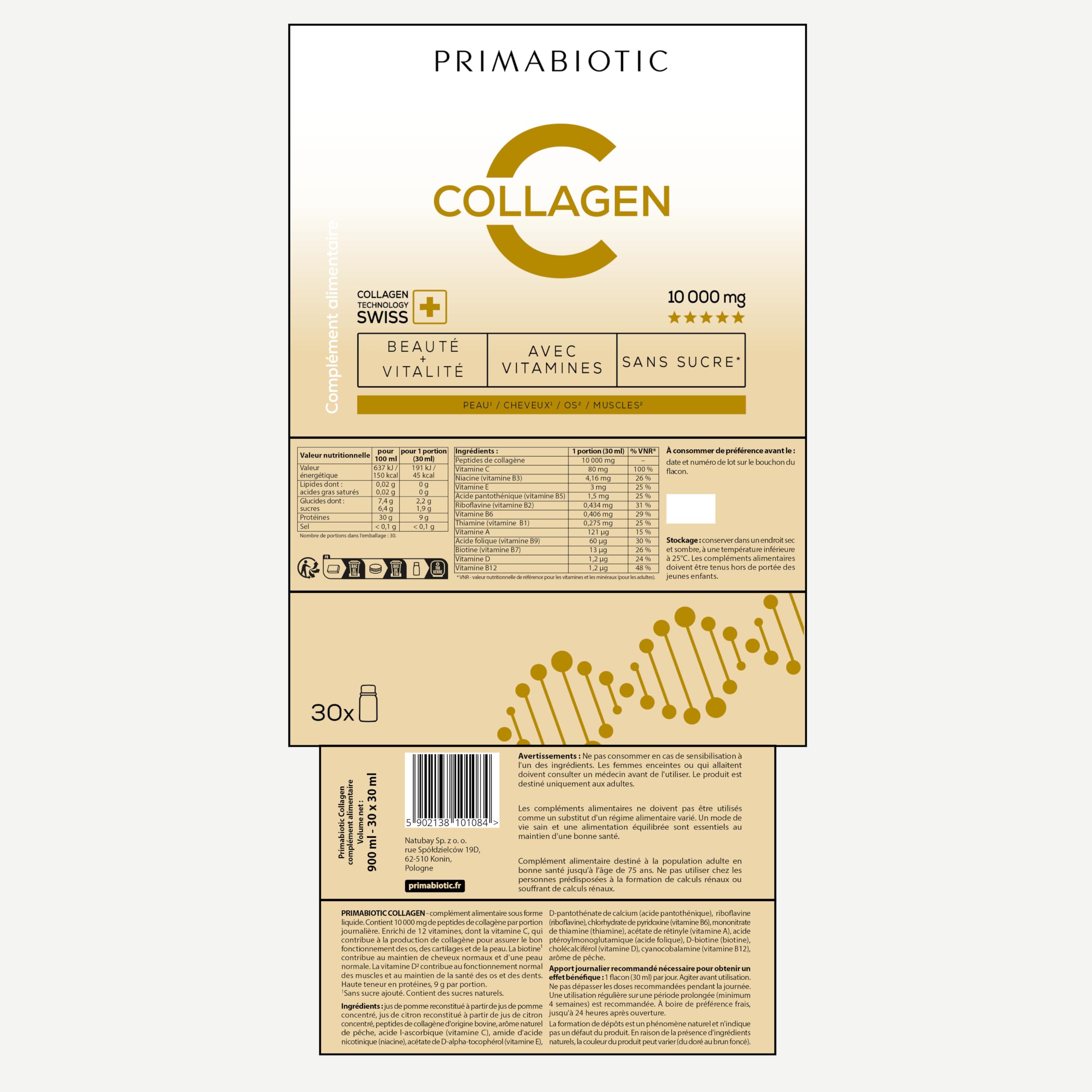 Collagène à Boire – Primabiotic Collagen 10 000 mg | 30 Flacons de 30 ml (900 ml) | Complément Boisson Premium pour la Beauté | Soutien pour la Peau, les Cheveux et les Articulations