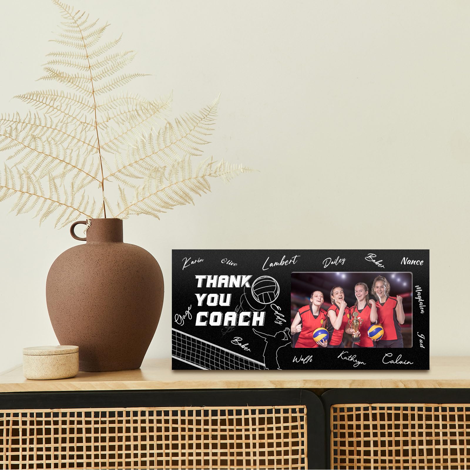 Blosssound Volleyball Thanks Coach Gifts Sports Picture Frame with Pen Thanks Coach Frame 4 x 6 Inch Photo Gifts Wood Picture Decoration for Coaches Appreciation(1)