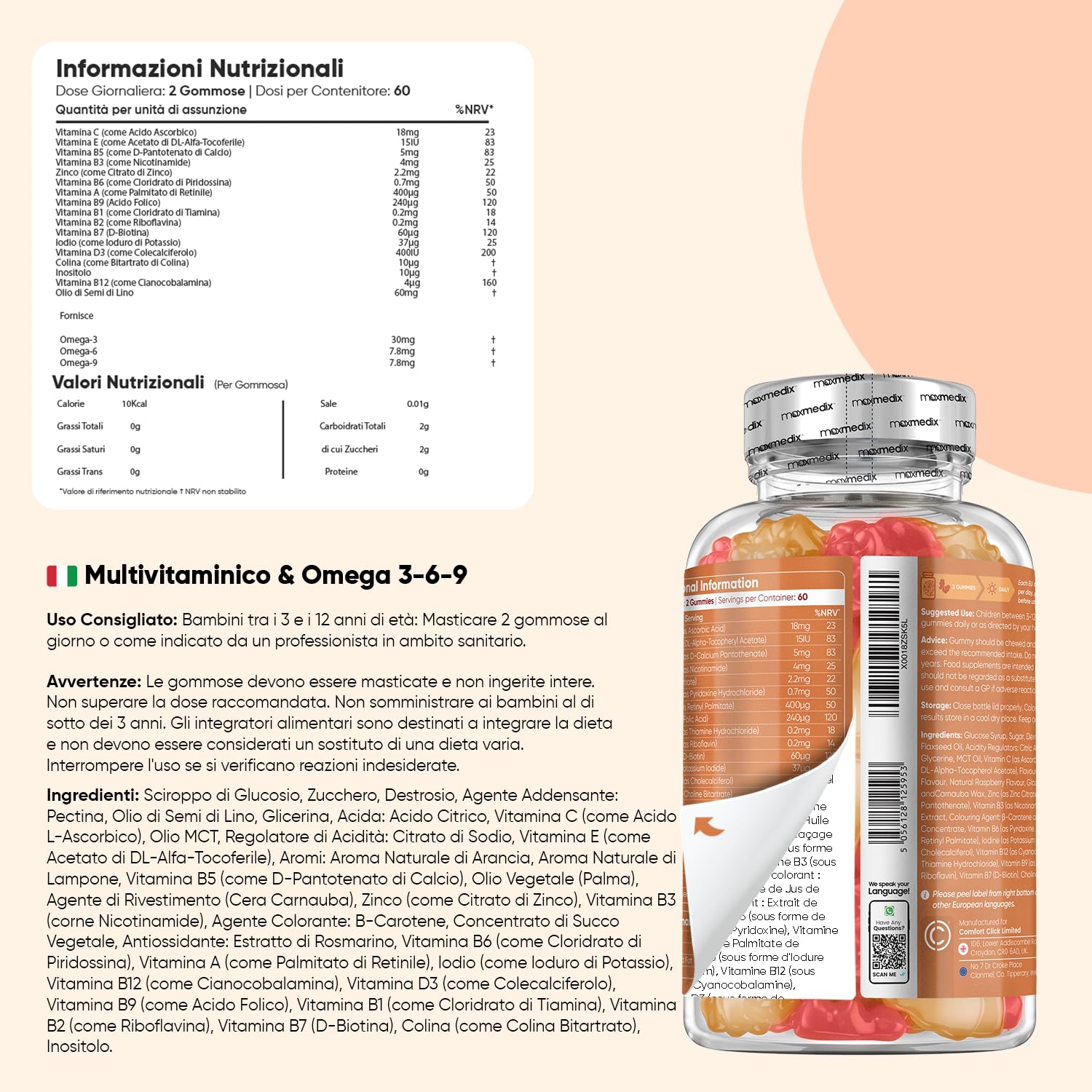 Vitamine Bambini con Omega 3-6-9, Ferro e Vitamina C, Calcio e Vitamina D3|Multivitaminico in Gommose, per Bambini dai 3 ai 12 anni, all'Aroma di Frutta, Integratore Alimentare Senza Glutine