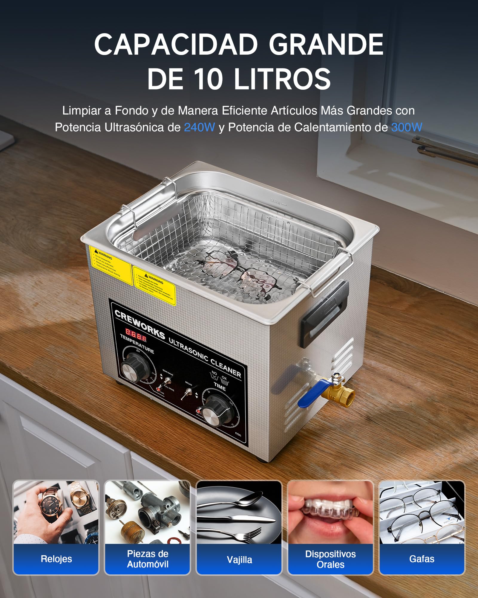 CREWORKS 10L Ultraschallreinigungsgerät mit Degas & Halbwellenfunktion, 40kHz Edelstahl Ultraschallreiniger mit Heizung & Timer für Vergaser Labor Schmuck Brillen Werkstattteile, SUS304