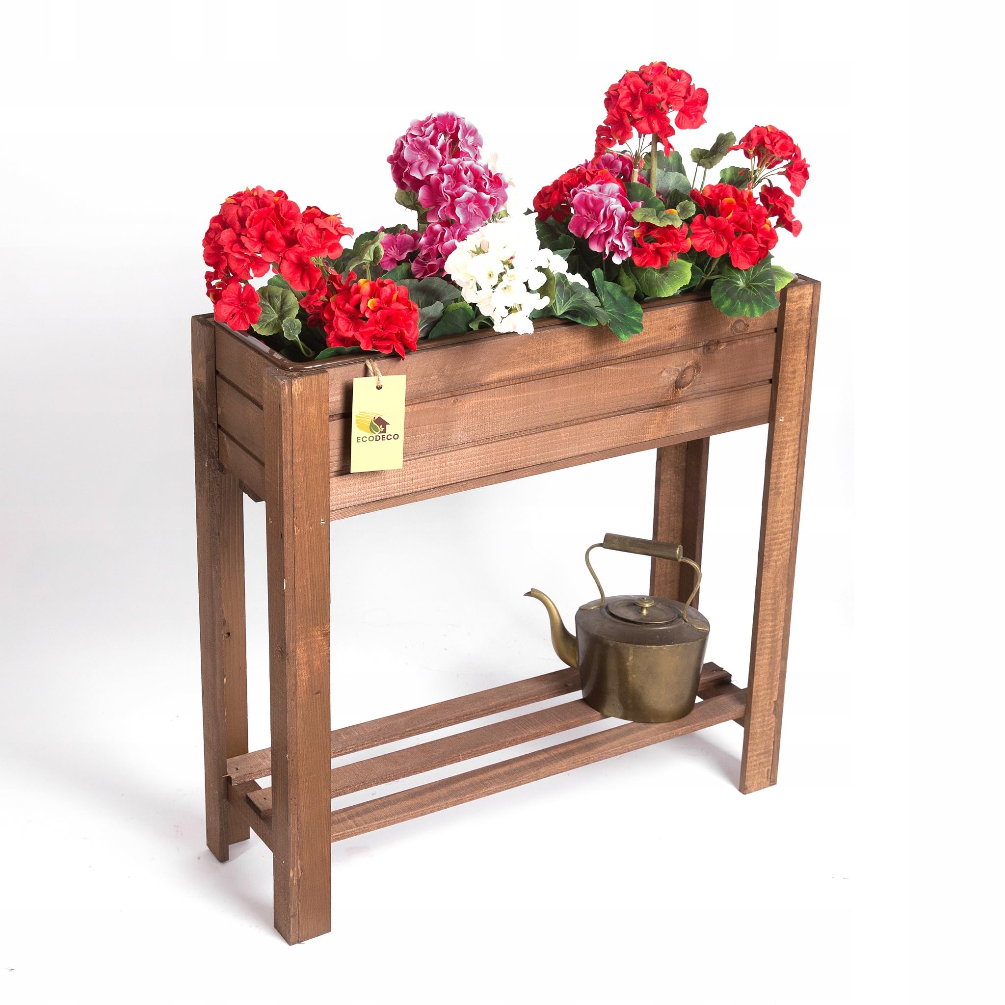 ECODECO Hochbeet aus Holz | Blumenkasten Balkon Terrasse | Hochbeete für Garten Pflanzkasten Frühbeet mit Regal Ablage 61 x 20 x 61 cm | Braun