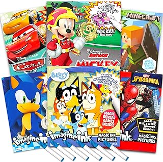 Bulk Imagine Ink Coloring Books for Kids, Pack of 6 No Mess Books, Rex-Man Stickers and Door Hanger (Sonic, Monster Jam, Mickey Mouse, Spidey, Cars and Bluey)