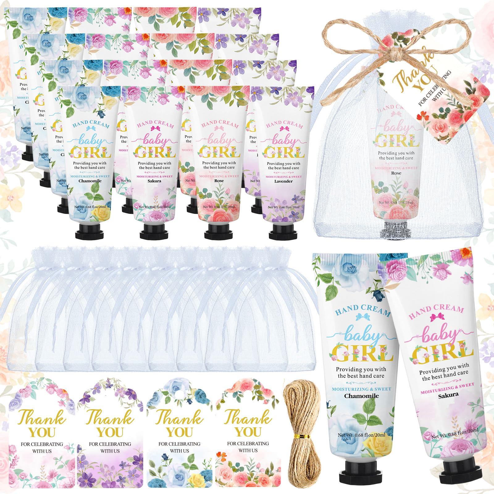 Capoda 60 Sets Baby Shower Hand Cream Gifts for Girl Guests, Baby Floral Party Favors with Hand Cream Thank You Cards and Organza Bags, Travel Size Hands Lotion Bulk for Girl Birthday Gifts Supplies