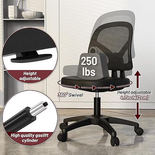 Miniatura 6 de KOLLIEE Silla de oficina de malla sin brazos, silla de escritorio pequeña ergonómica sin brazos, silla giratoria negra para computadora con ruedas,