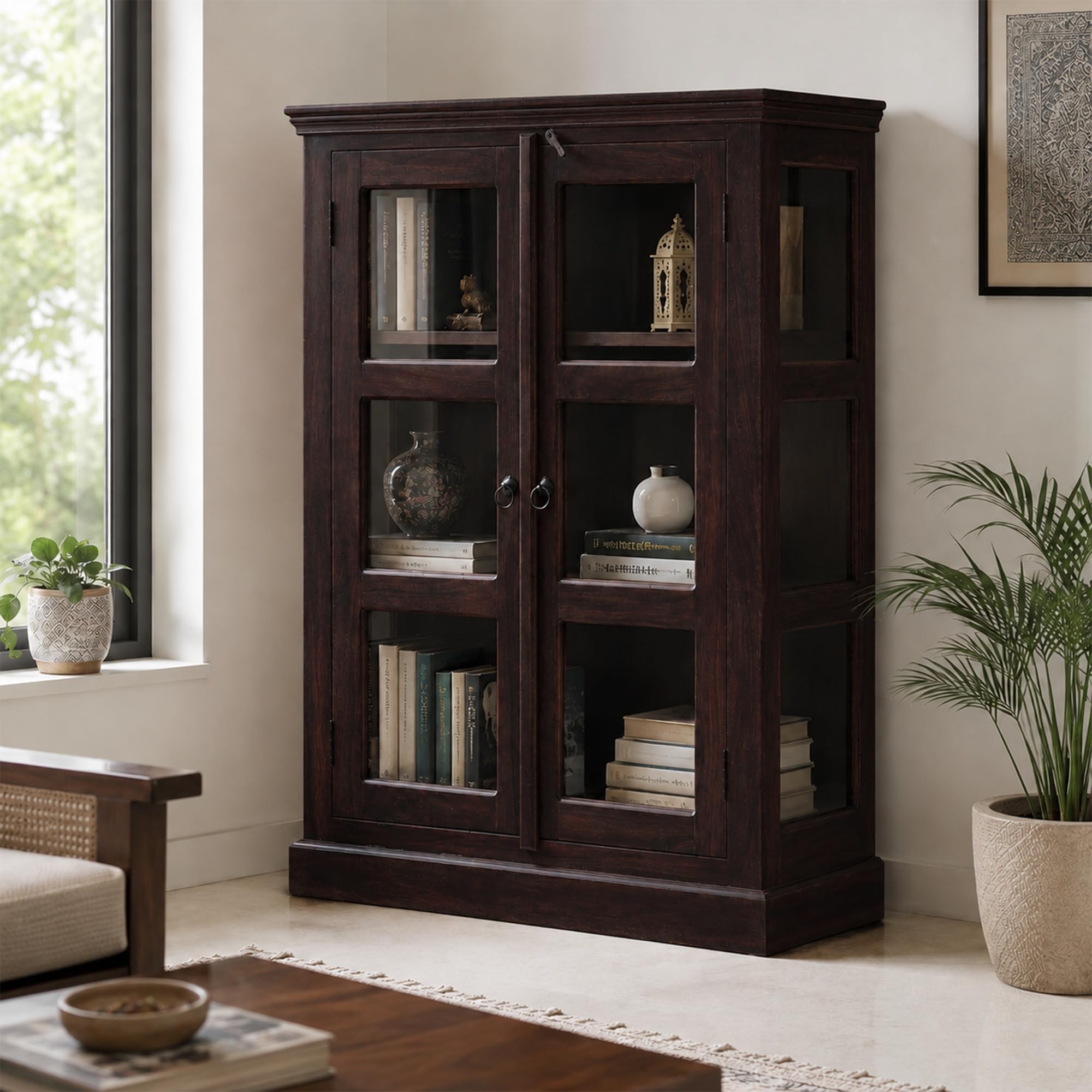 Wood Crockery Cabinet with Glass Door | Wooden Showcase Almirah | Book Shelf Crockery Unit for Home & Kitchen Living Room - (Walnut)-image-41