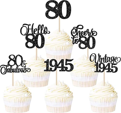 Rsstarxi Paquete de 24 adornos para cupcakes de 80 cumpleaños con purpurina 80 fabulosos vintage de 1944 para cupcakes, decoraciones para saludos a