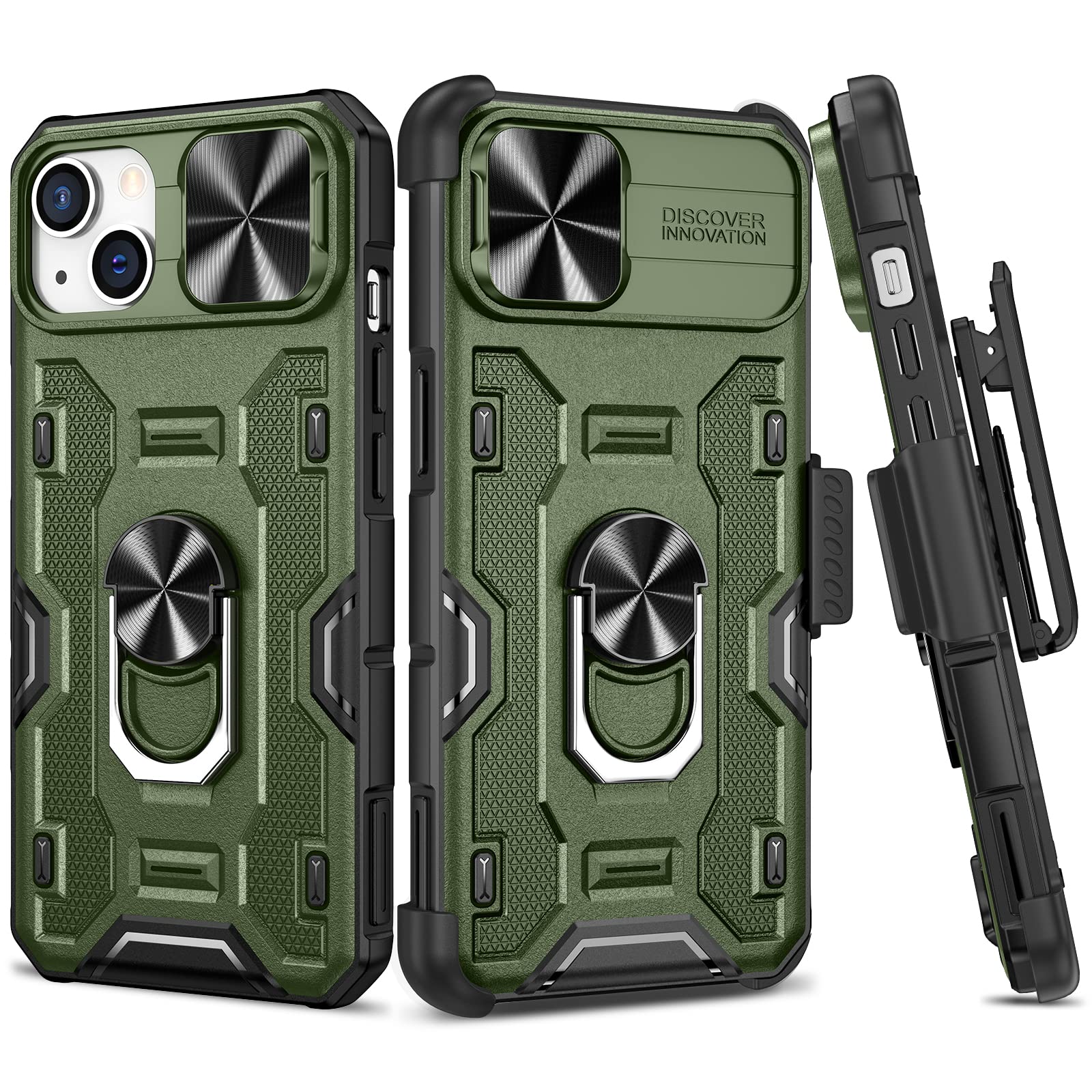 VEGOfor iPhone 13 & iPhone 14 Case with Belt Clip Holster, Slide Camera Cover & Magnetic 360°Rotatable Ring Kickstand Heavy Duty Protection Rugged Case for iPhone 13 / iPhone 14 6.1” - Dark Green