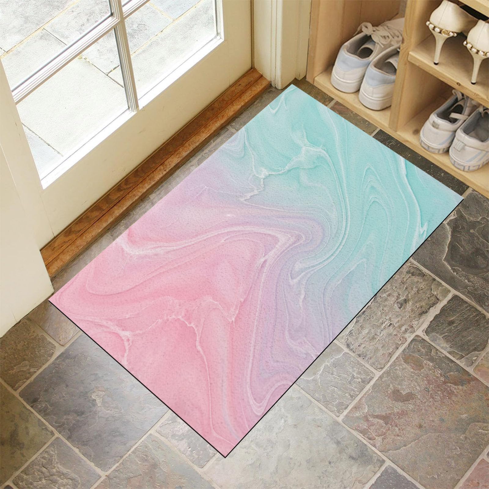 Tapis cuisine devant evier design paillasson entrée rose vert marbré