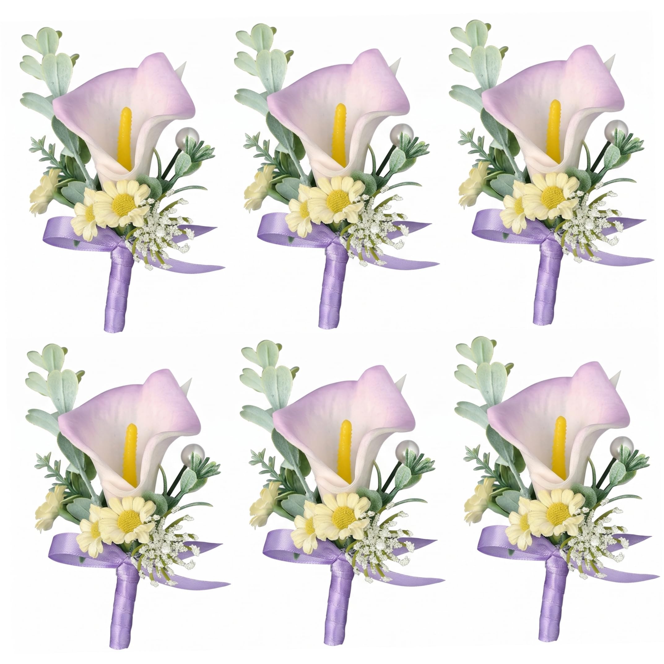 Bemonew Calla Lily Boutonniere, 6pcs Artificial, Light Purple