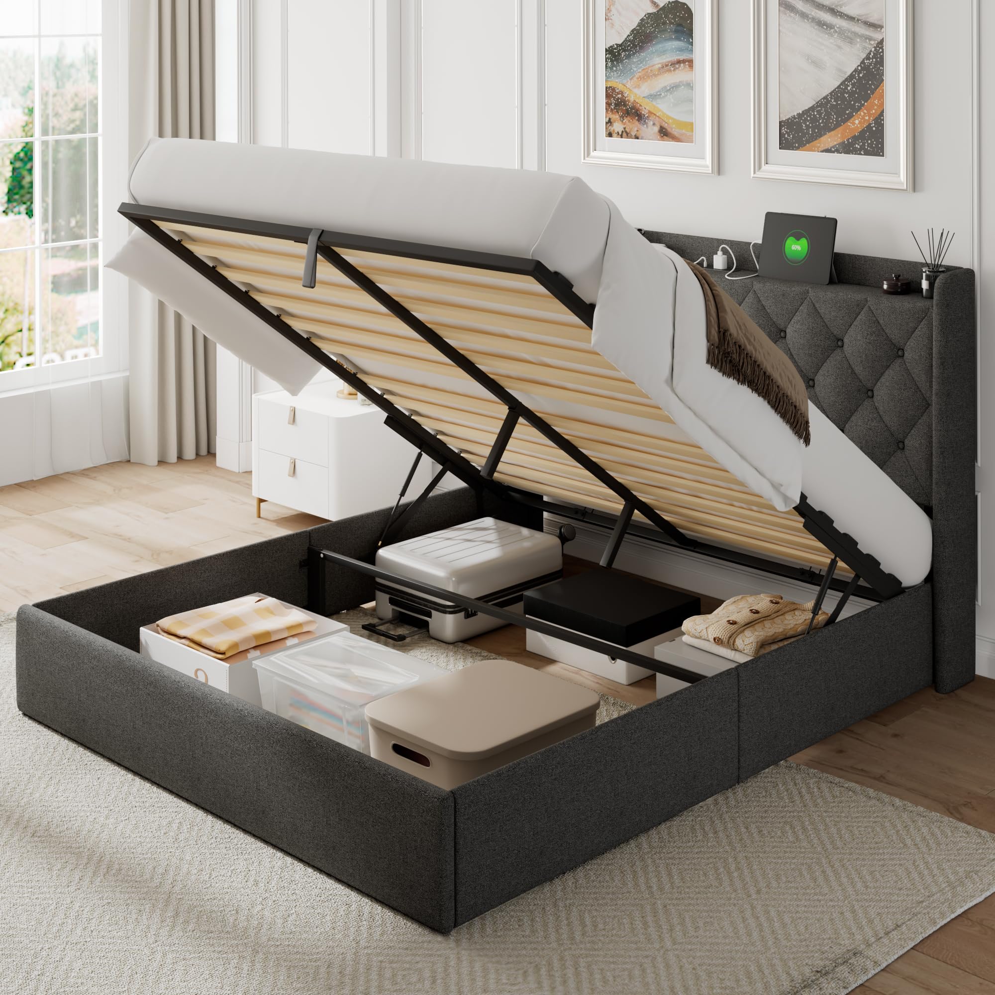 Photo 1 of ***BOX 2OF2 MISSING 1**Feonase Queen Bed Frame with Storage & Charging Station - Hydraulic Lift Up Platform Bed, Upholstered Button Tufted Headboard, Sturdy Wooden Slats, Noise-Free, No Box Spring Needed, Dark Gray