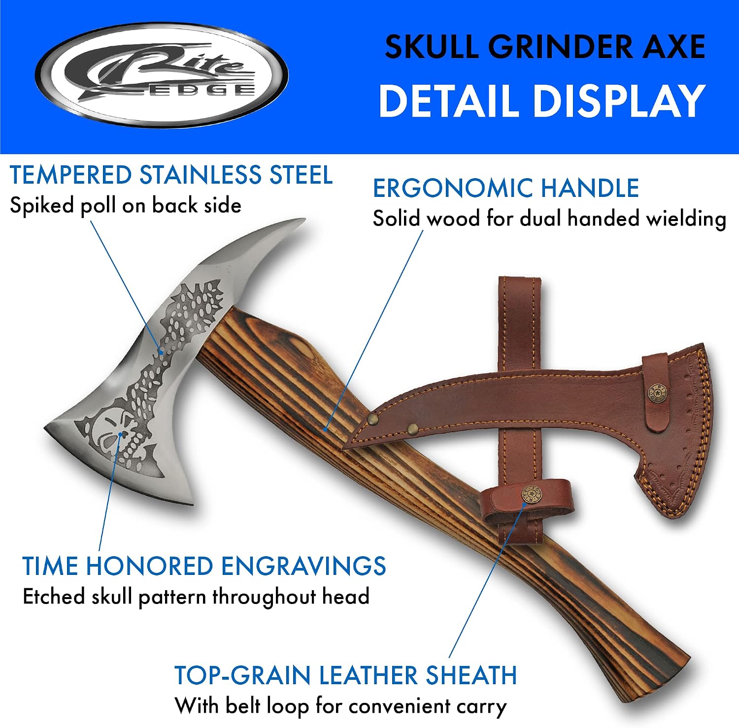 SZCO Spike-Back Skull Etched Viking Style Axe 18 Inch - Camping Axe with Carbon Steel Blade, Wood Handle - Medieval Viking Axe for Outdoor, Display, Costume & Collectors