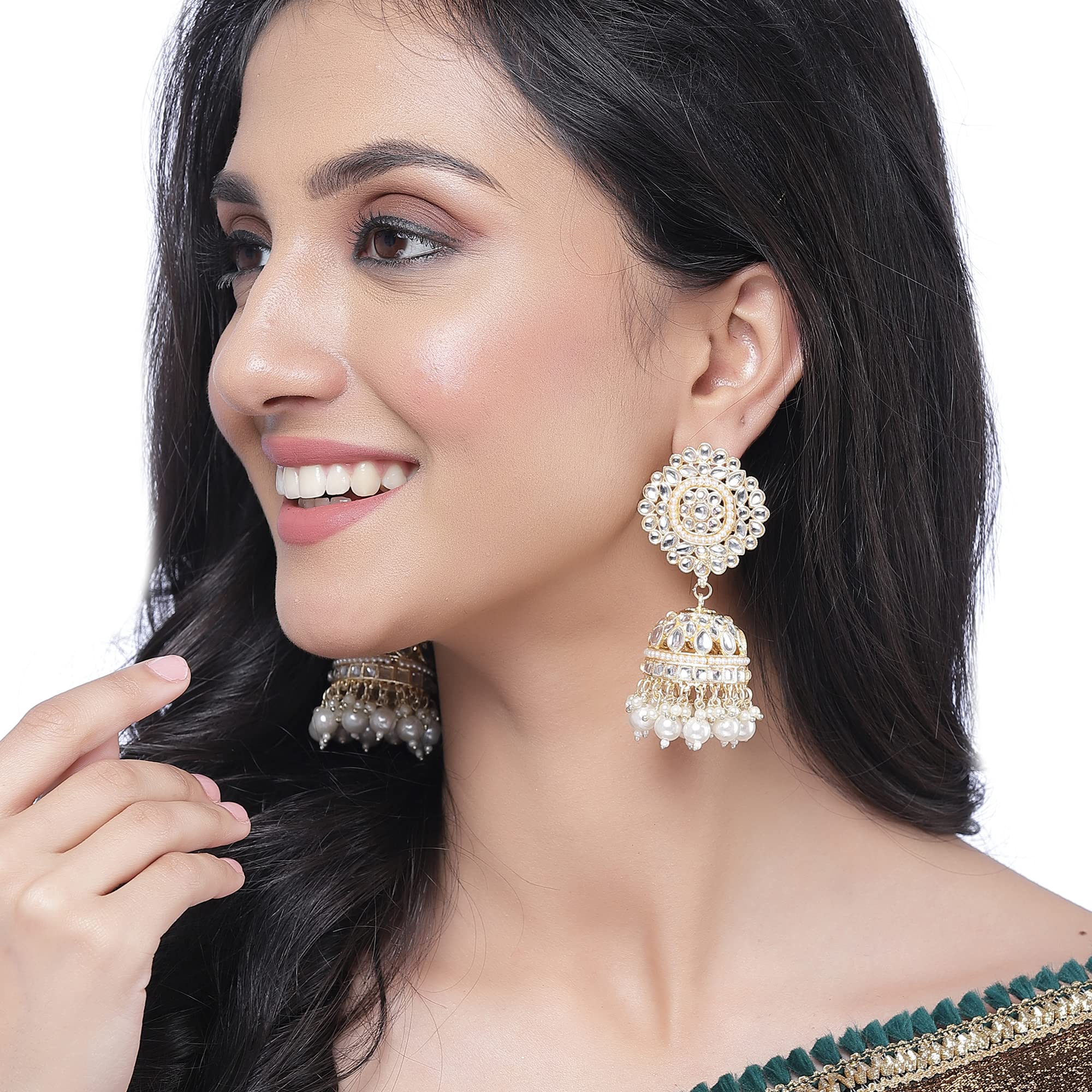 Gold-Plated Kundan Flower Shaped Jhumka Earrings