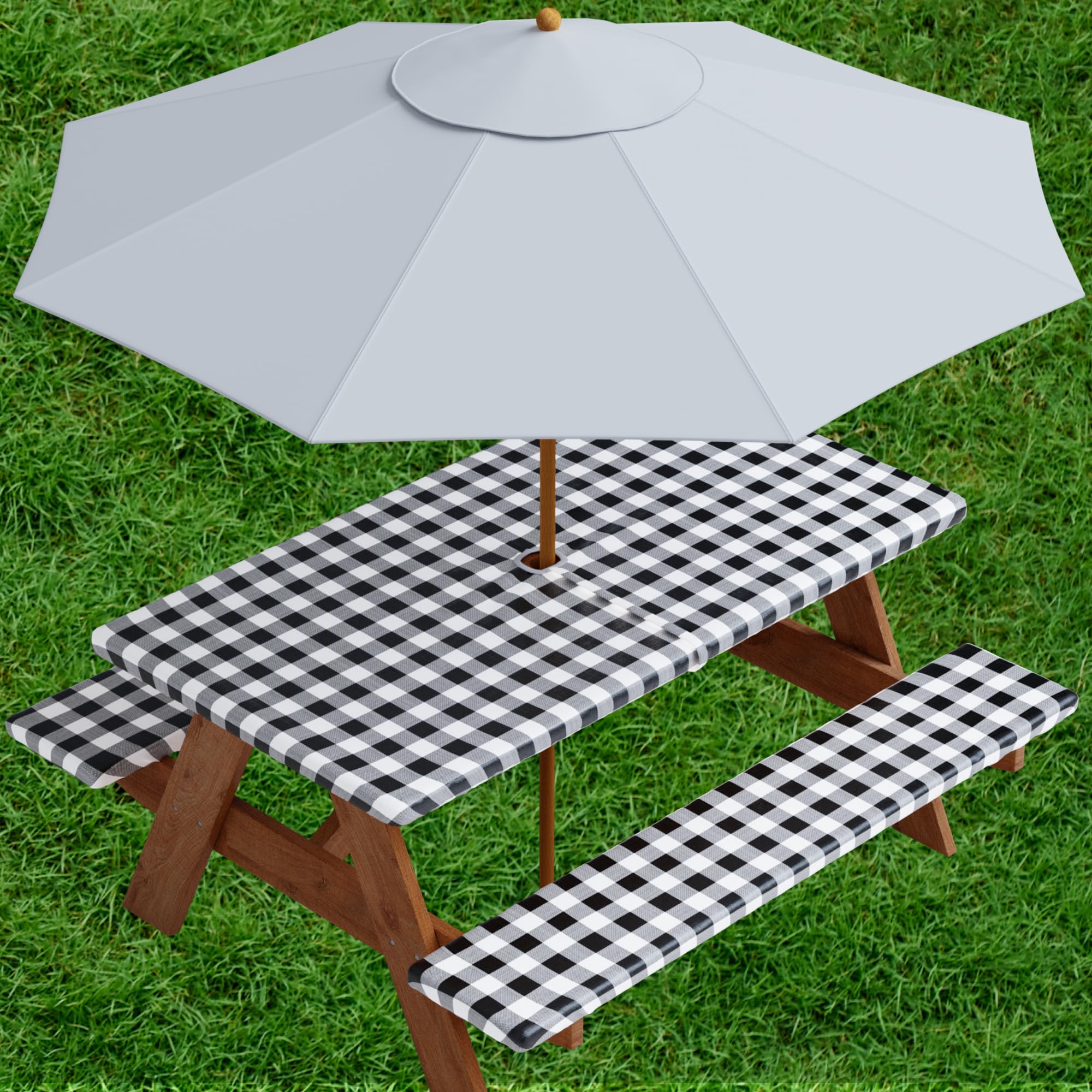 sorfey vinyl umbrella picnic table and bench fitted tablecloth cover, checkered design, flannel backed lining, 30x96 inch, 3-piece set, black