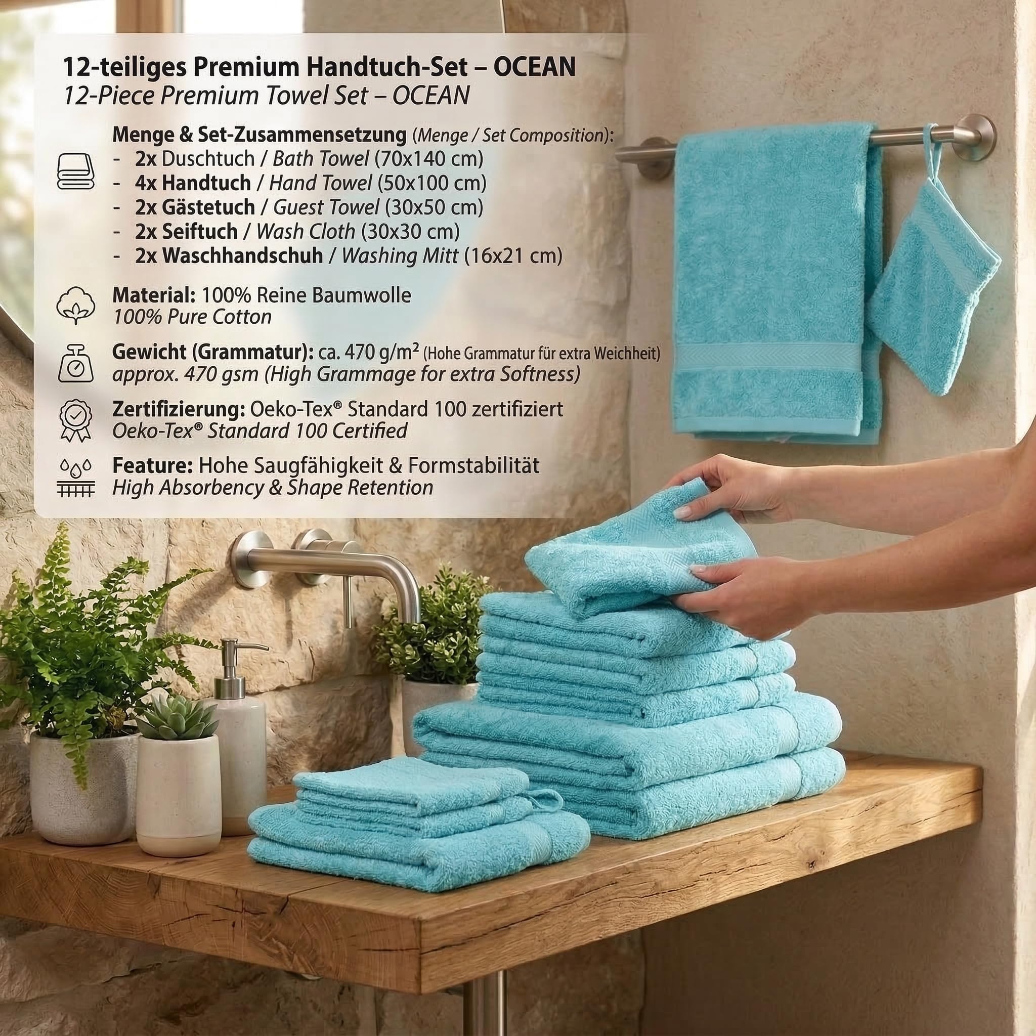 Betz 12-częściowy zestaw ręczników premium 100% bawełna 2 rękawice do mycia 2 ściereczki do mycia 2 ręczniki dla gości, 4 ręczniki do rąk, 2 ręczniki kąpielowe, kolor ocean