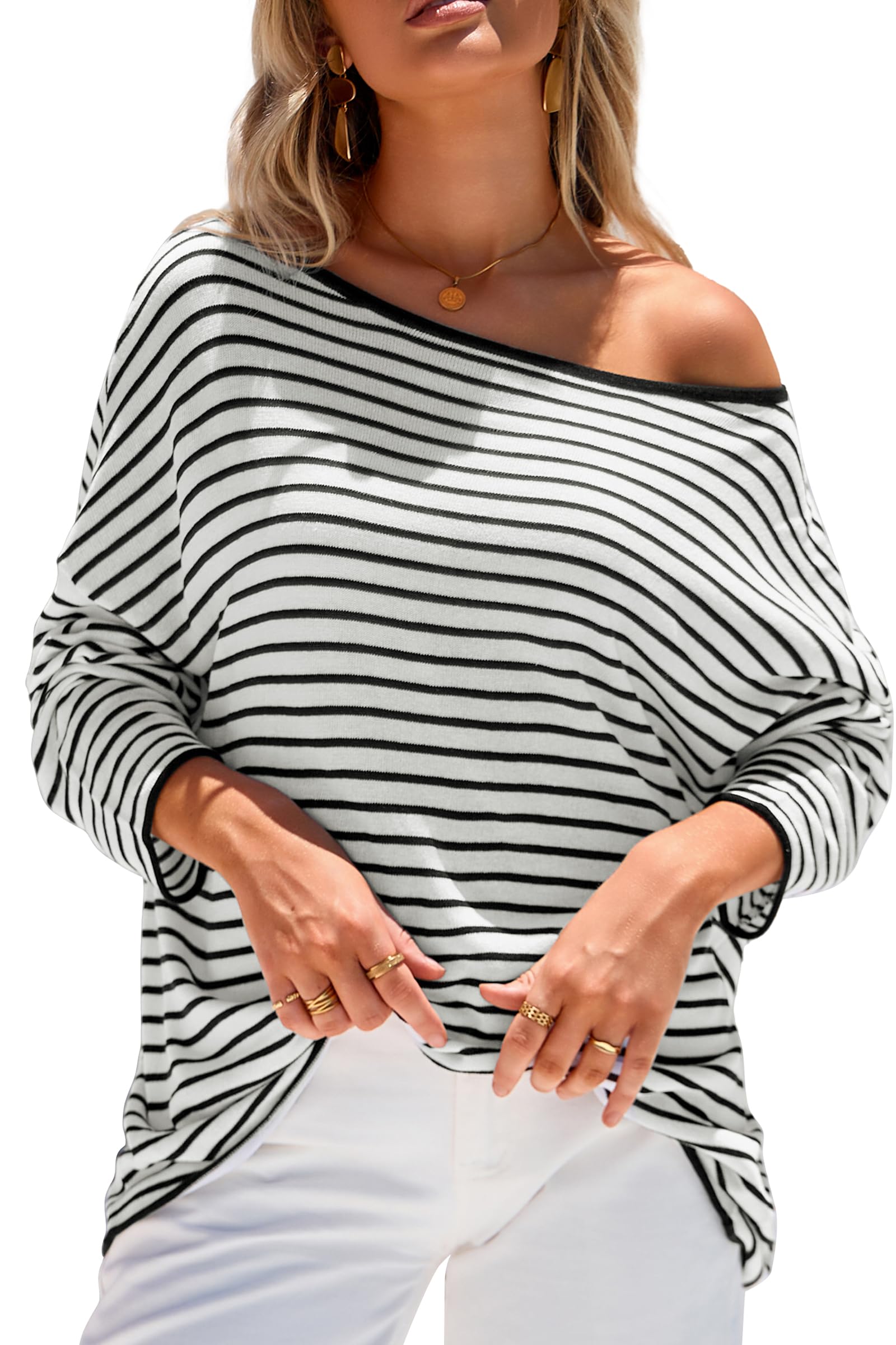 Arach Cloz Womens Linen Blend Striped Spring Casual Off Shoulder Oversized Sweater Tops 2026